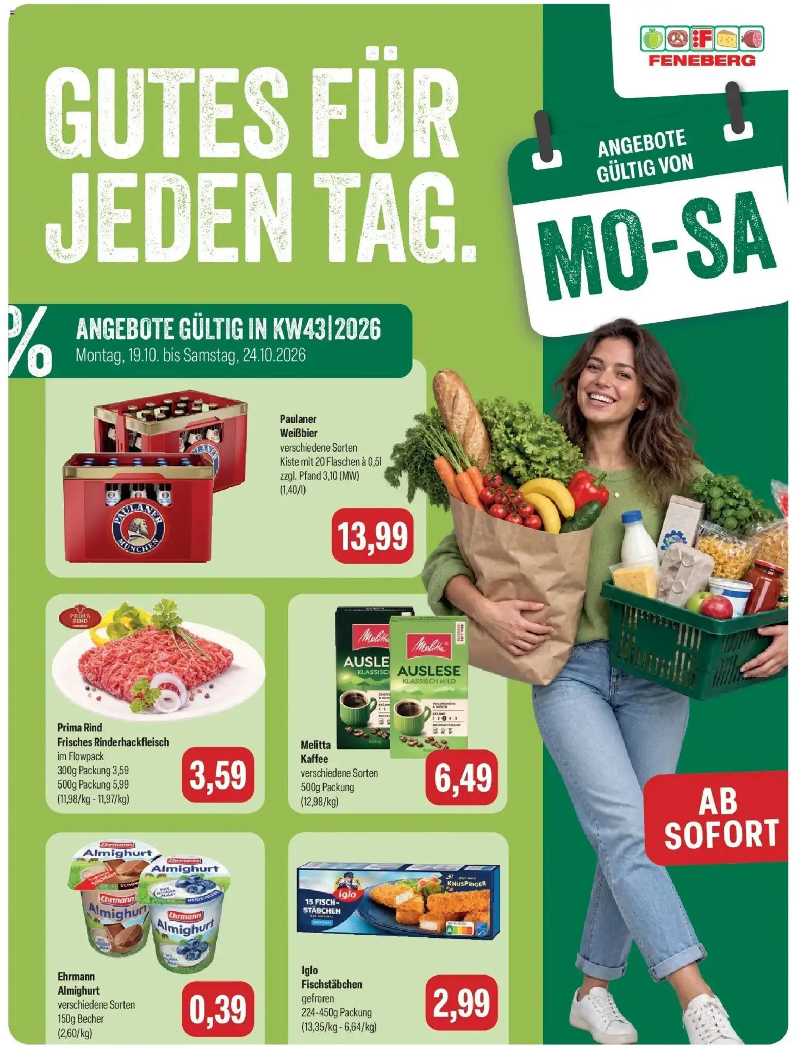 Feneberg Aktuelle Angebote (ab 19.10.2026) zum Blättern | Seite: 1 | Produkte: Ehrmann almighurt, Kaffee, Fisch, Fischstabchen