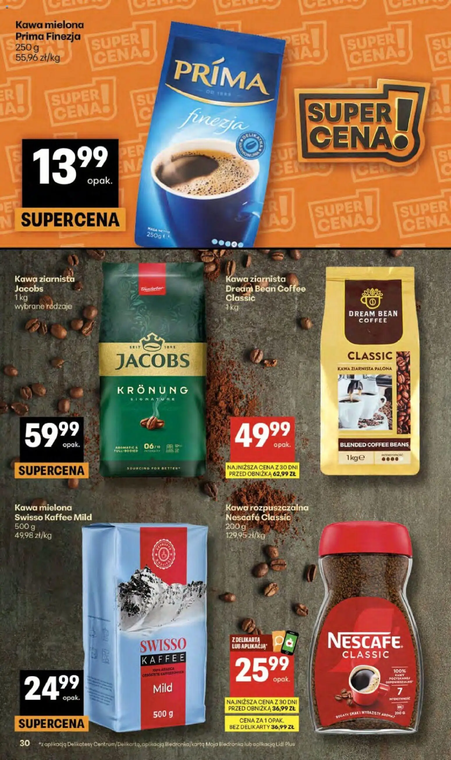 Delikatesy Centrum gazetka od 09.04.2026 | Strona: 30 | Produkty: Kawa mielona Prima, Nescafe, Kawa rozpuszczalna, Delikatesy