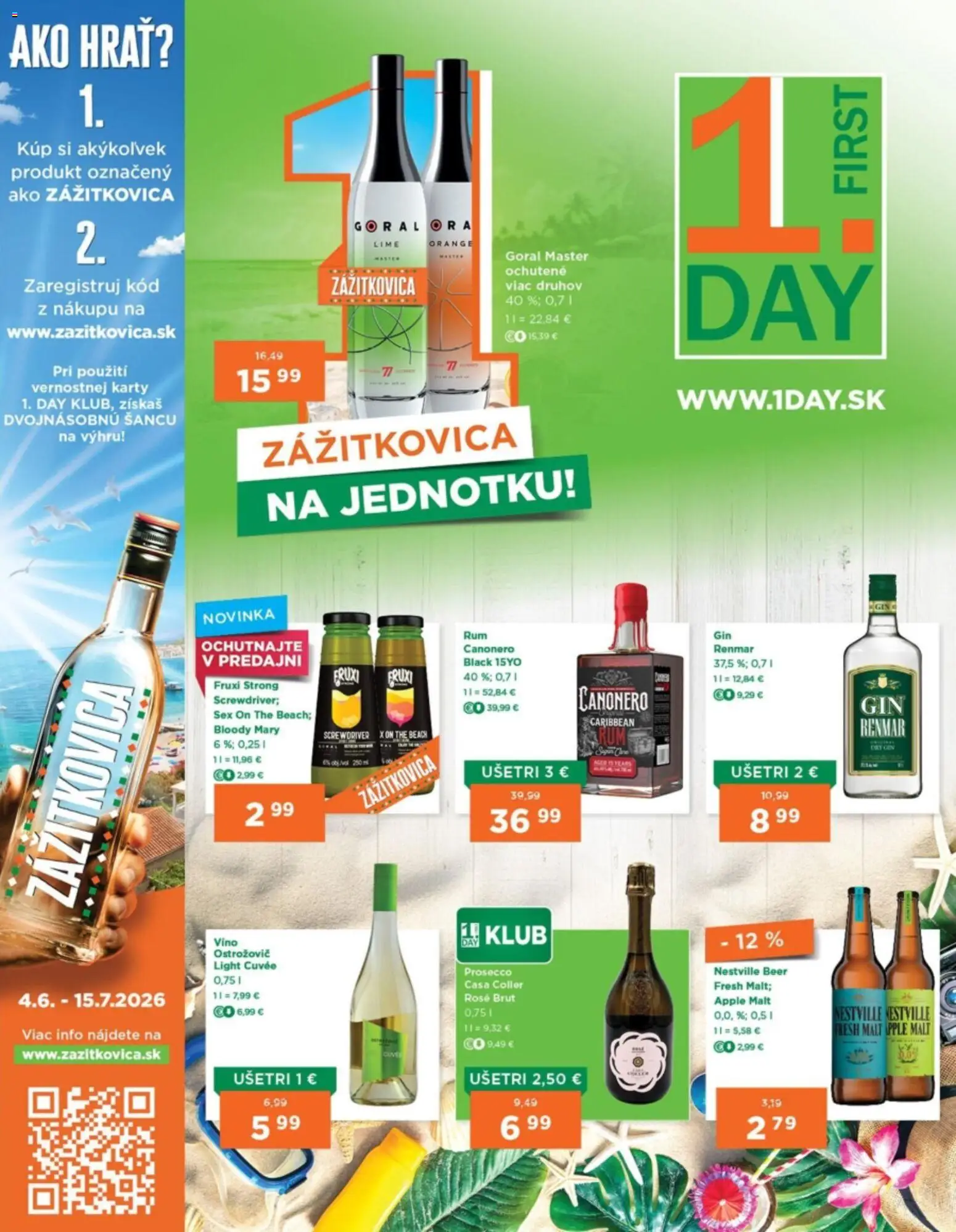 Nové 1day akcie – leták je platný od 02.07.2026 | Strana: 1 | Produkty: Víno, Prosecco, Apple, Gin