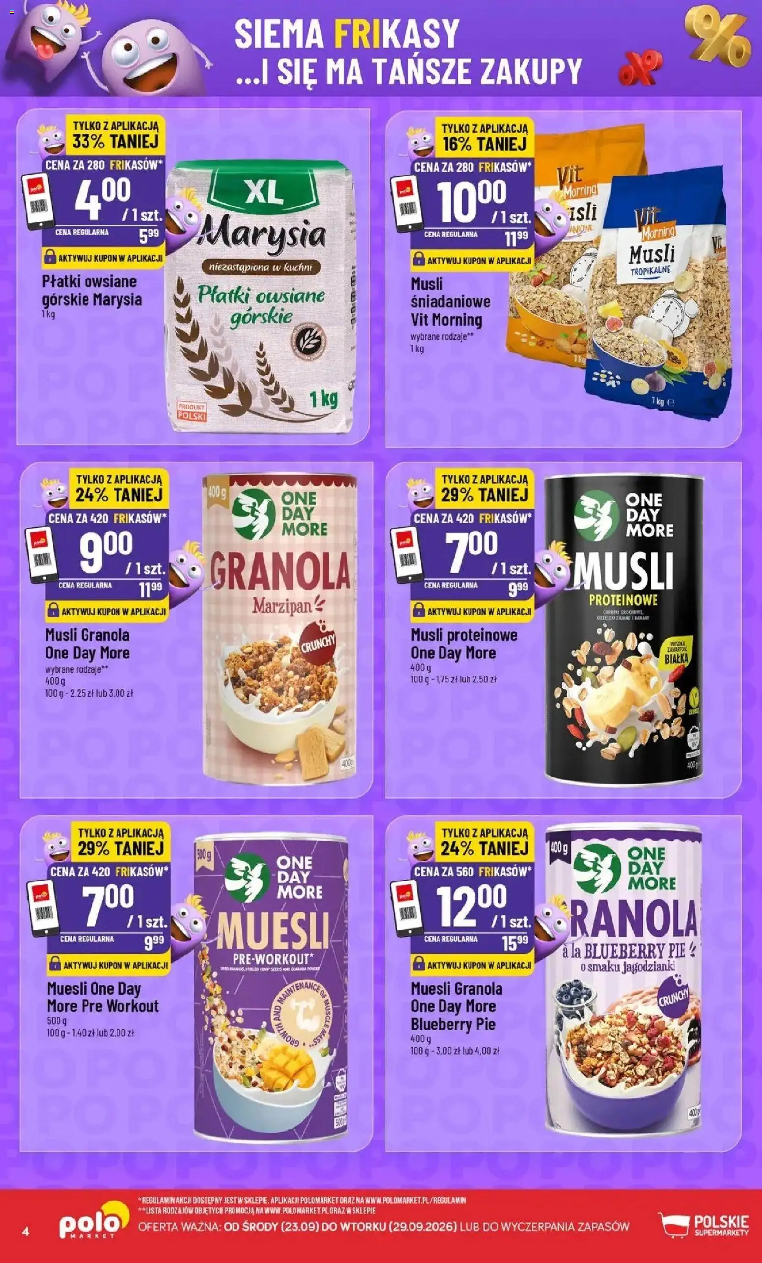 Nowa POLOmarket gazetka od jutra 23.09.2026 | Strona: 4 | Produkty: Musli proteinowe, Musli tropikalne, Musli, Banany