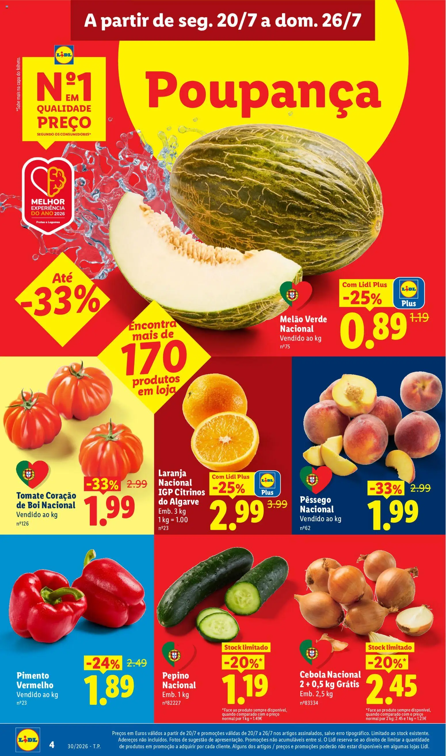 Lidl folheto │ válido de 20/07/2026 | Página: 4 | Produtos: Pepino, Cebola, Tomate, Pimento vermelho