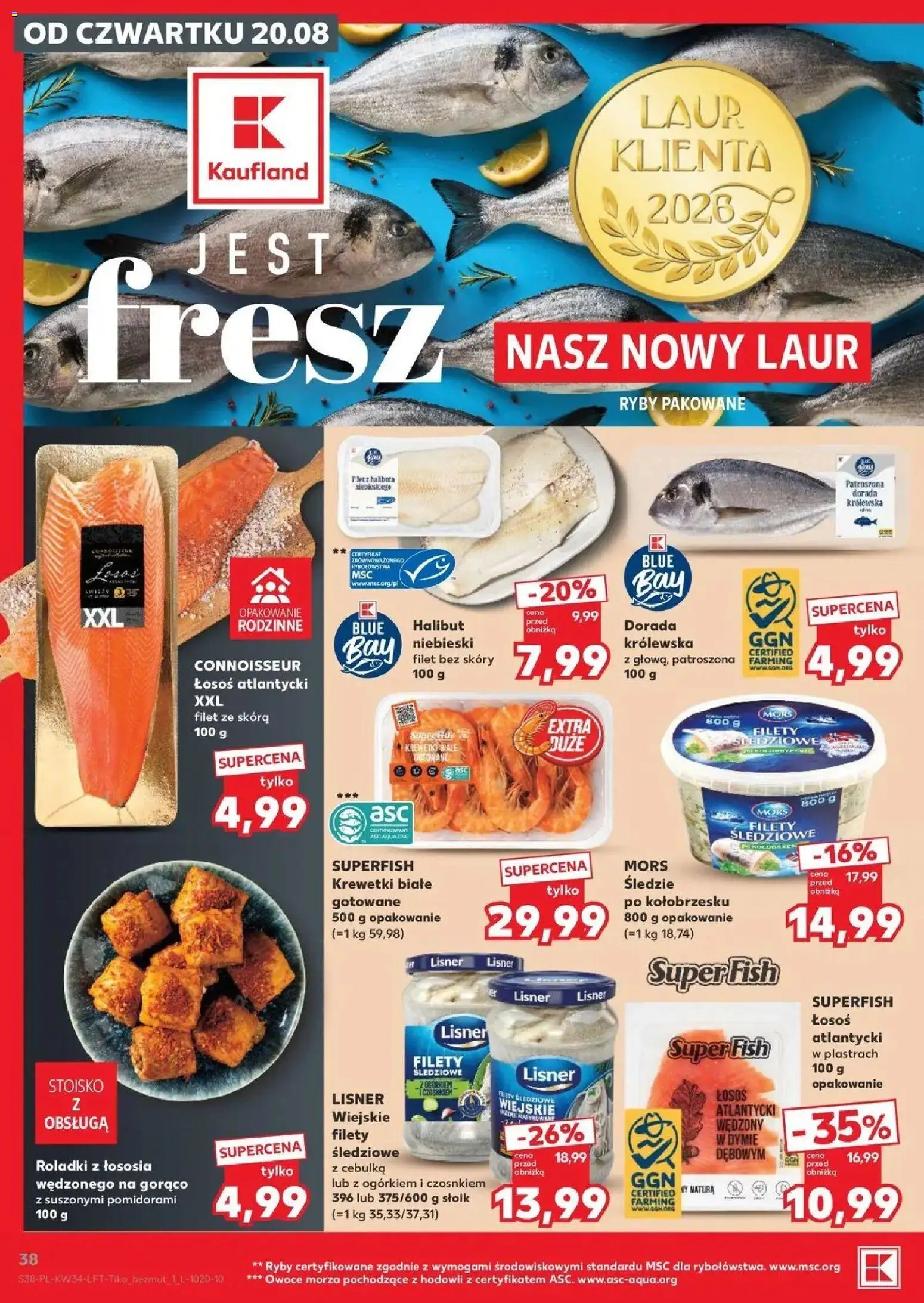 Kaufland gazetka od 20.08.2026 - od jutra PDF | Strona: 38 | Produkty: Śledzie, Łosoś atlantycki, Dorada, Owoce morza