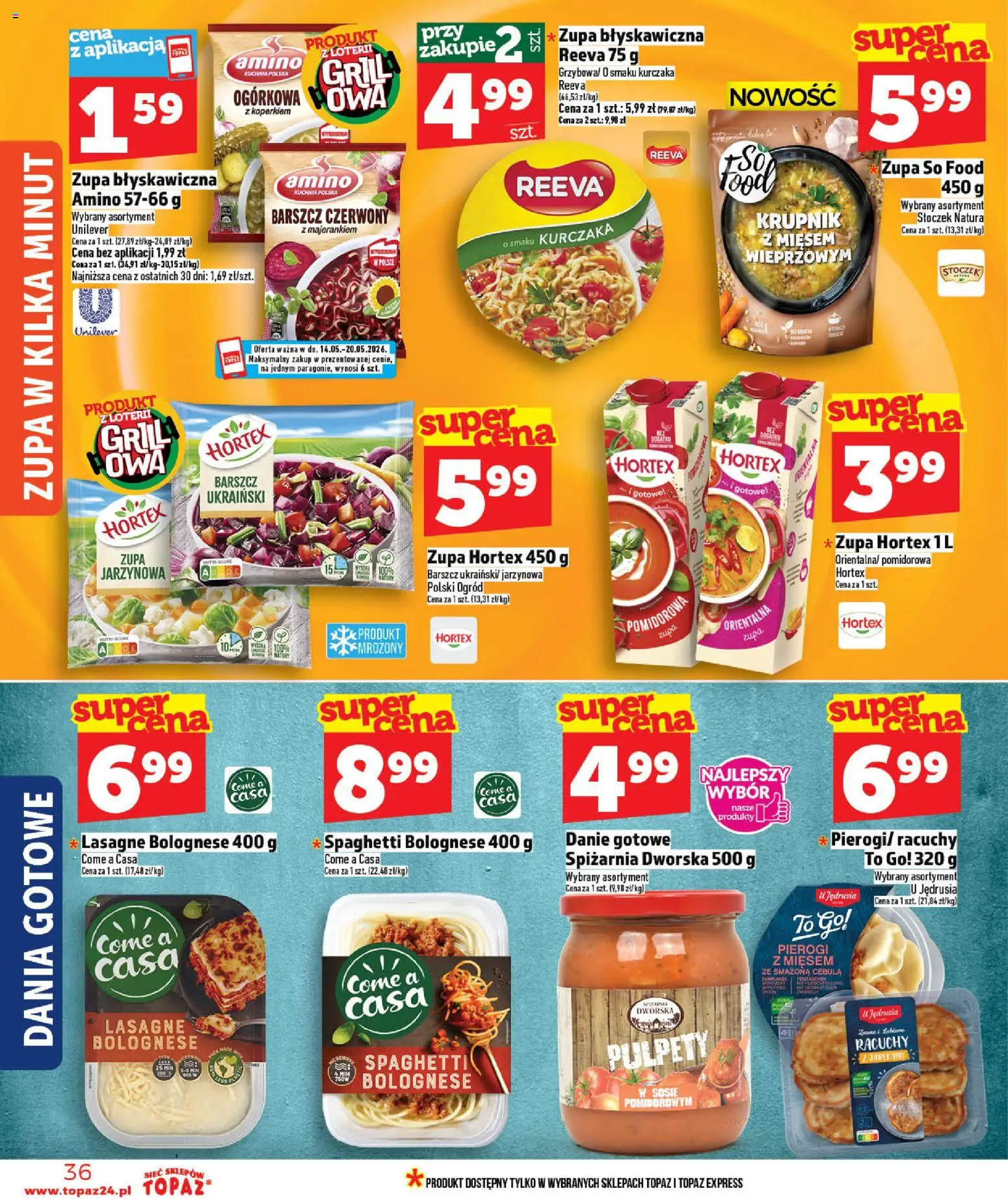 Topaz gazetka - Ceny małe na stałe od 14.05.2026 | Strona: 36 | Produkty: Barszcz, Pierogi, Lasagne, Zupa