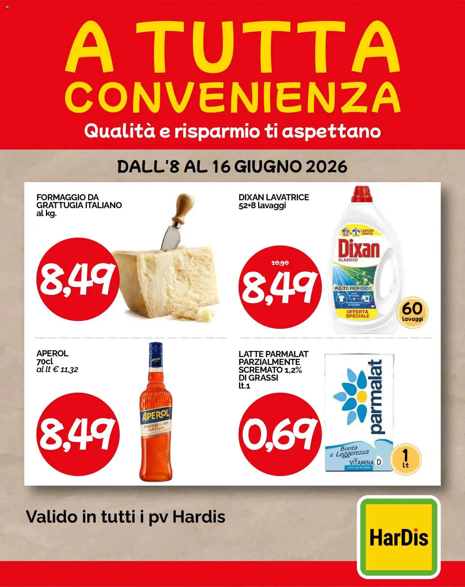 Volantino HarDis del 08.06.2026 | Pagina: 1 | Prodotti: Formaggio, Lavatrice, Aperol, Aperitivo