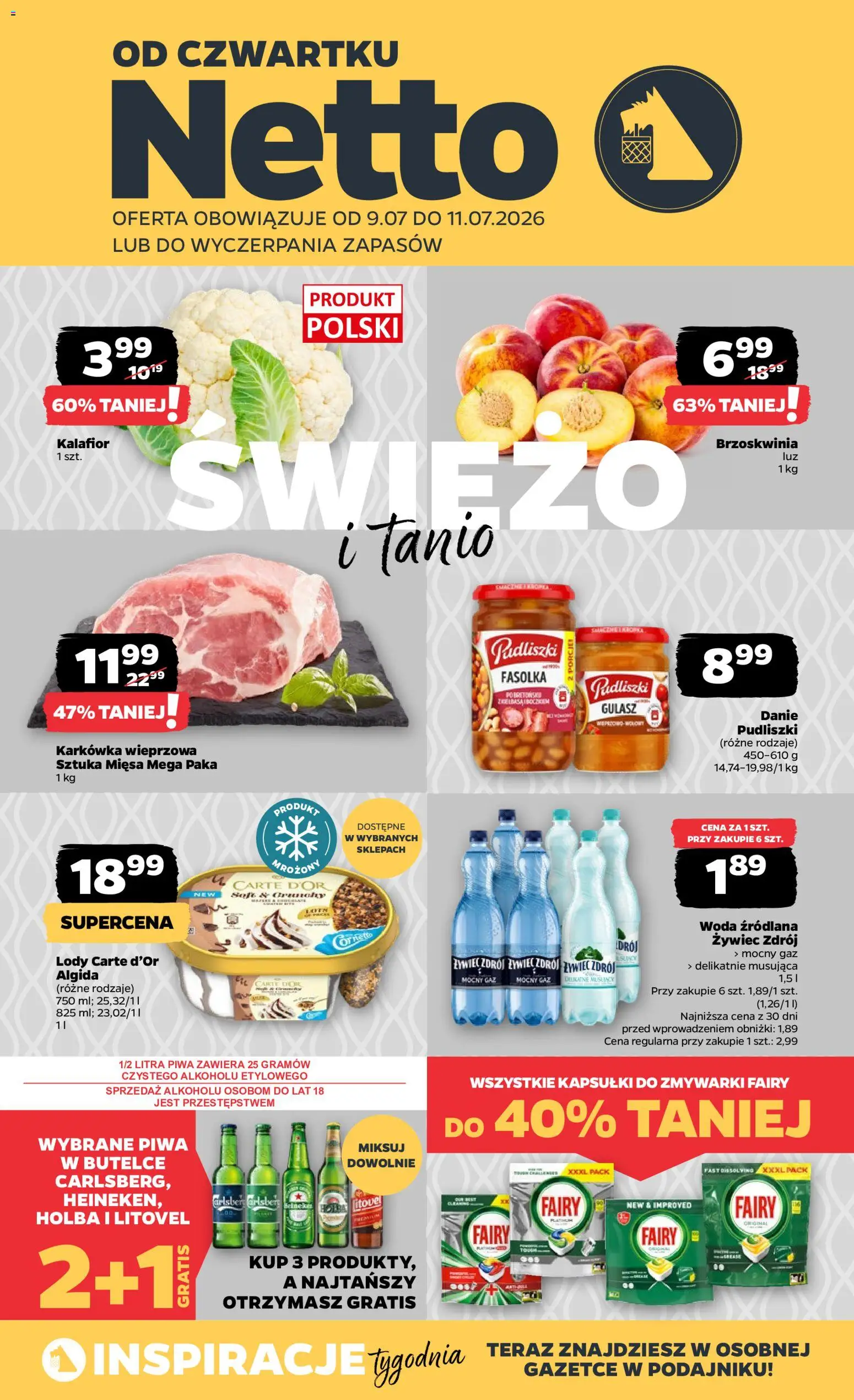 Netto gazetka od czwartku spożywcza od 09.07.2026 | Strona: 1 | Produkty: Brzoskwinia, Fairy platinum, Fairy, Kapsułki do zmywarki