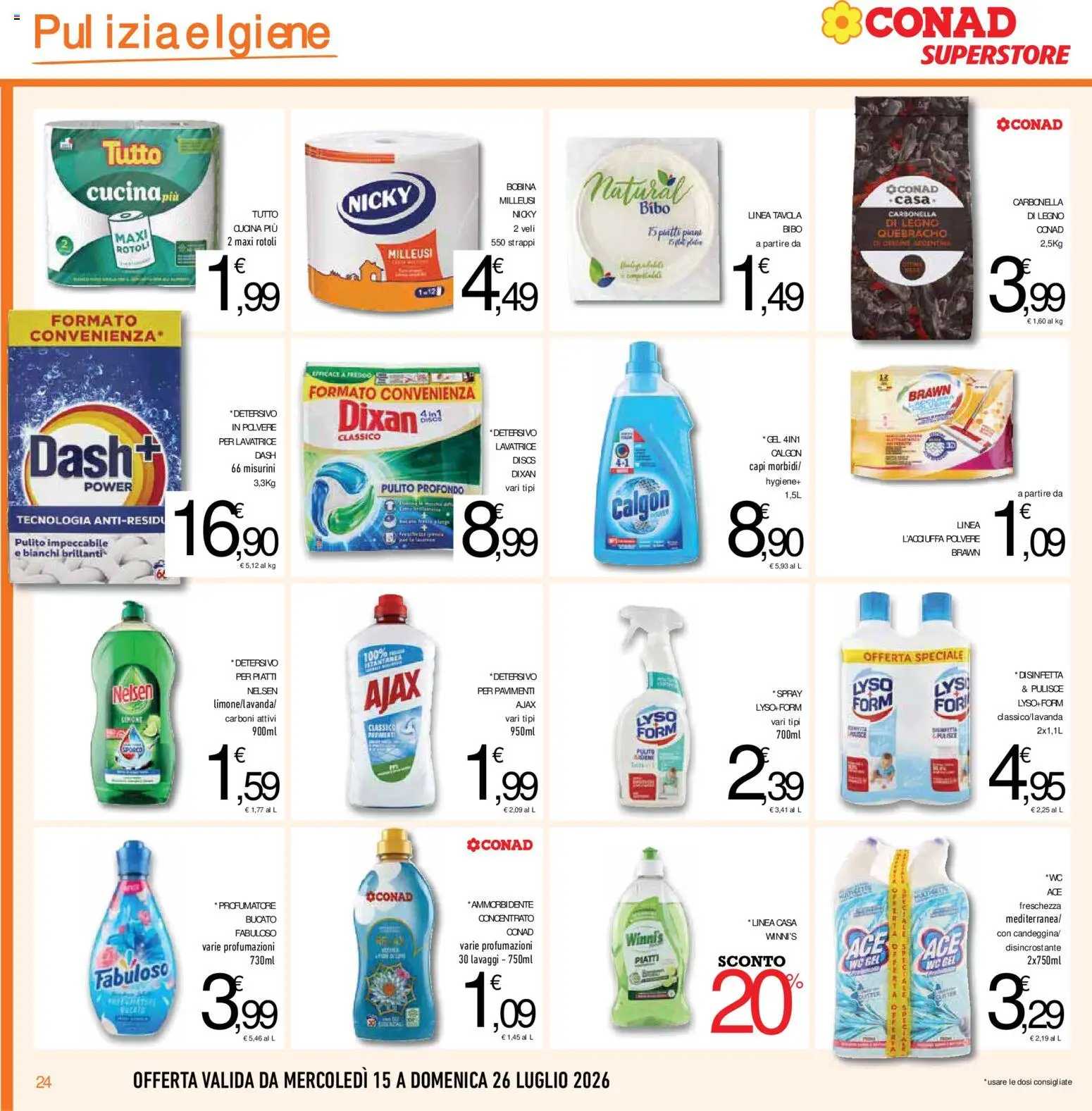 Volantino Conad del 15/07/2026 | Pagina: 24 | Prodotti: Ammorbidente, Detergente, Lavatrice, WC