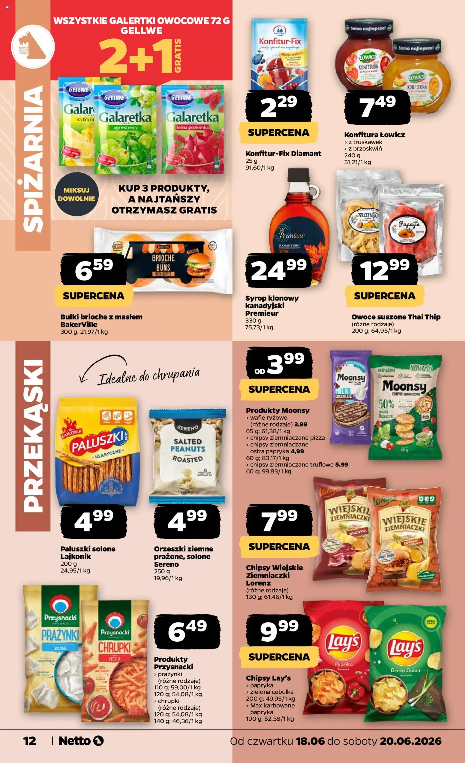 Netto gazetka od czwartku spożywcza od 18.06.2026 | Strona: 12 | Produkty: Wafle, Ziemniaczki, Orzeszki ziemne, Pizza