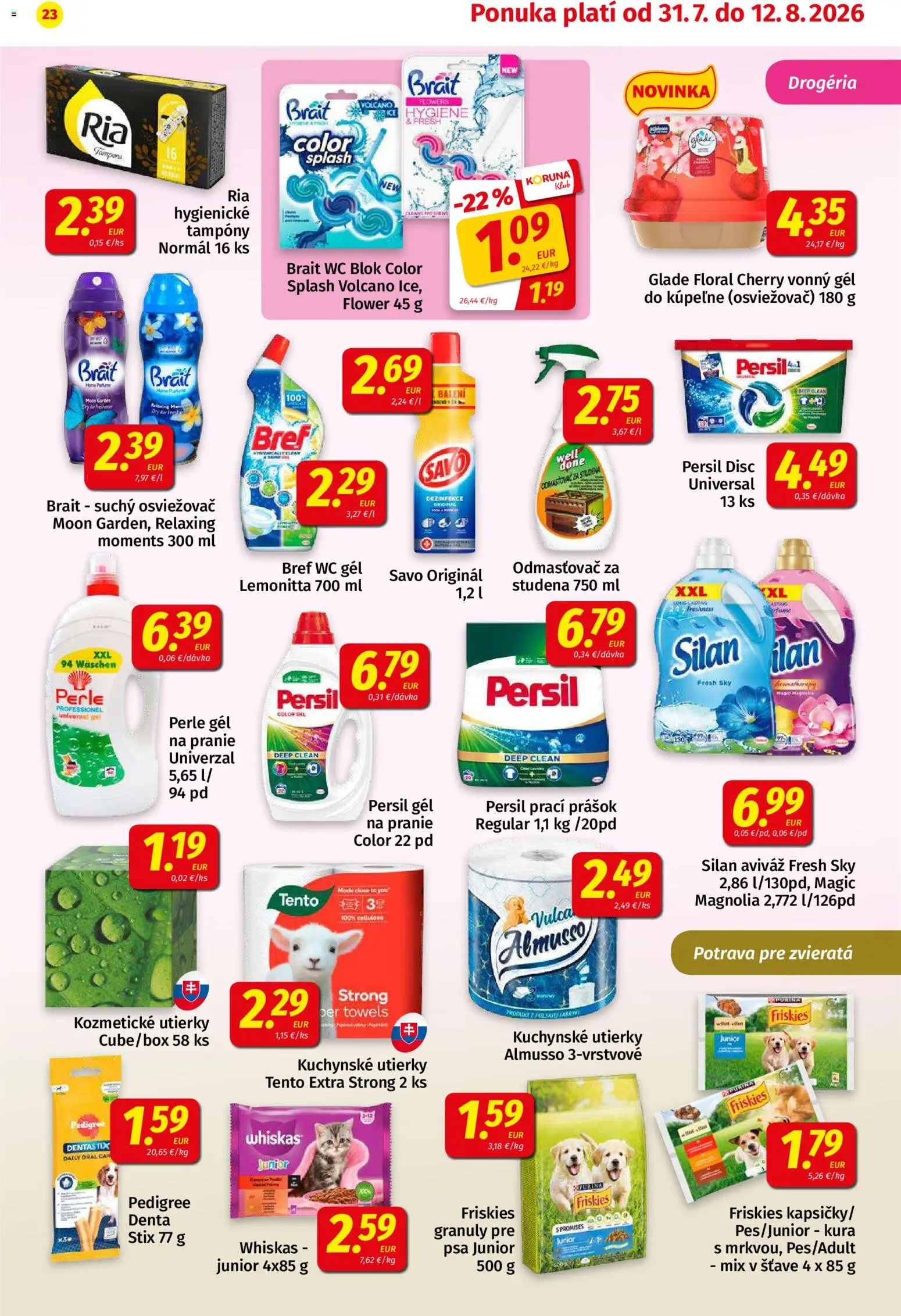 Nové Koruna akcie – leták je platný od 31.07.2026 | Strana: 23 | Produkty: Persil, Kuchynské utierky, Whiskas, Utierky
