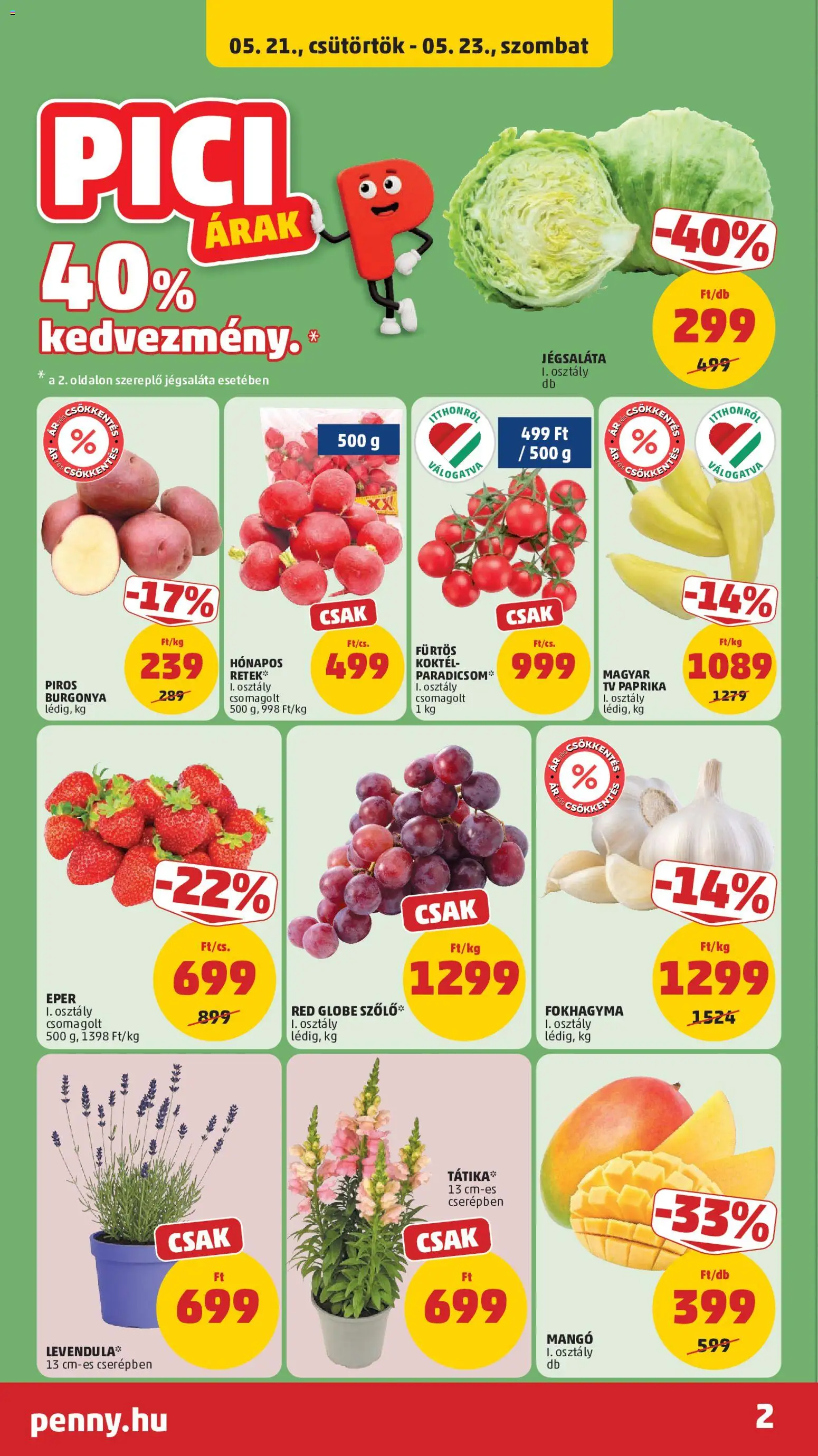 PENNY akciós ujság - amely érvényes a következő dátumtól: 21.05.2026 | Oldal: 2 | Termékek: Fokhagyma, TV, Retek, Mangó