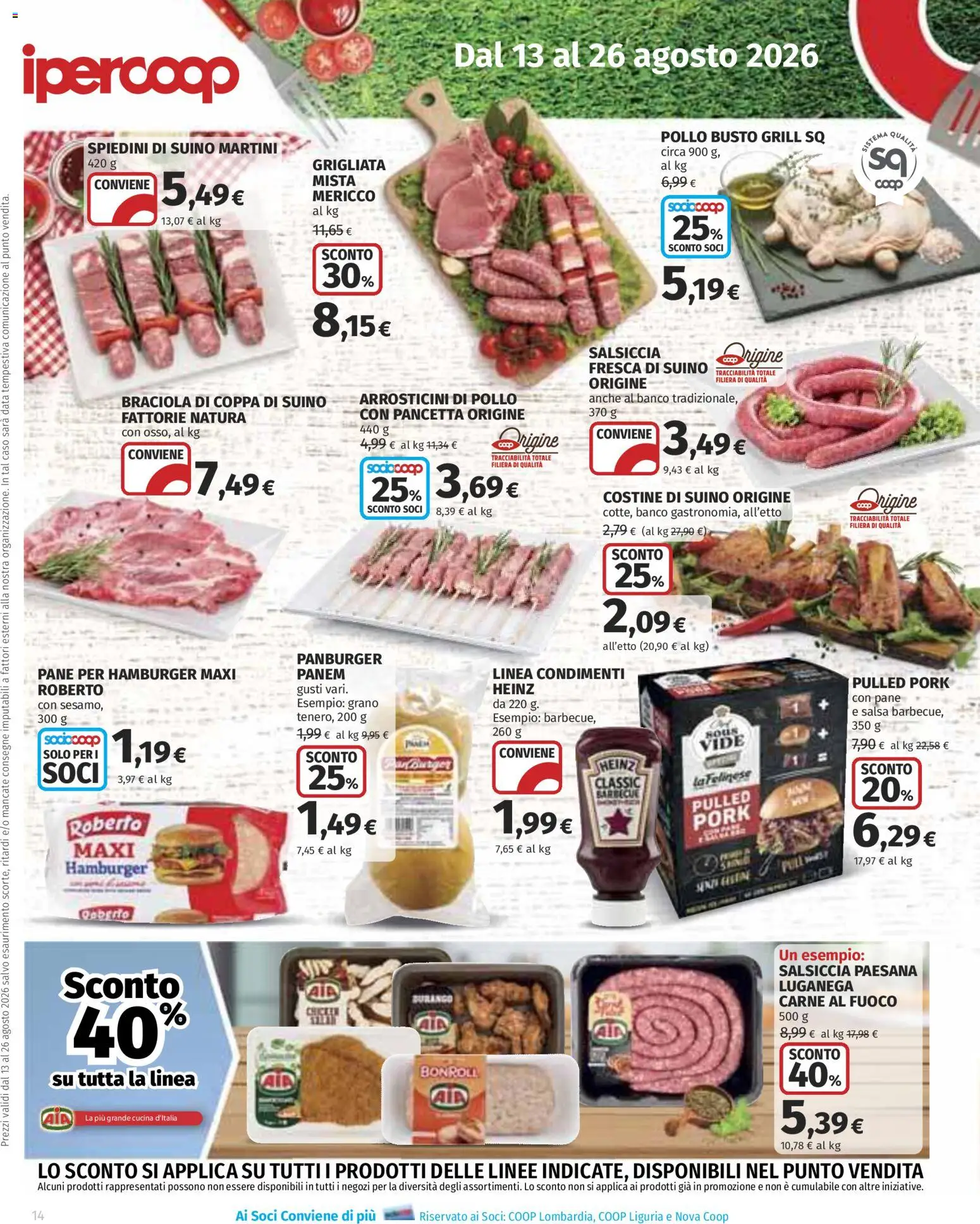 Volantino Ipercoop del 13/08/2026 | Pagina: 14 | Prodotti: Barbecue, Salsiccia, Carne, Spiedini