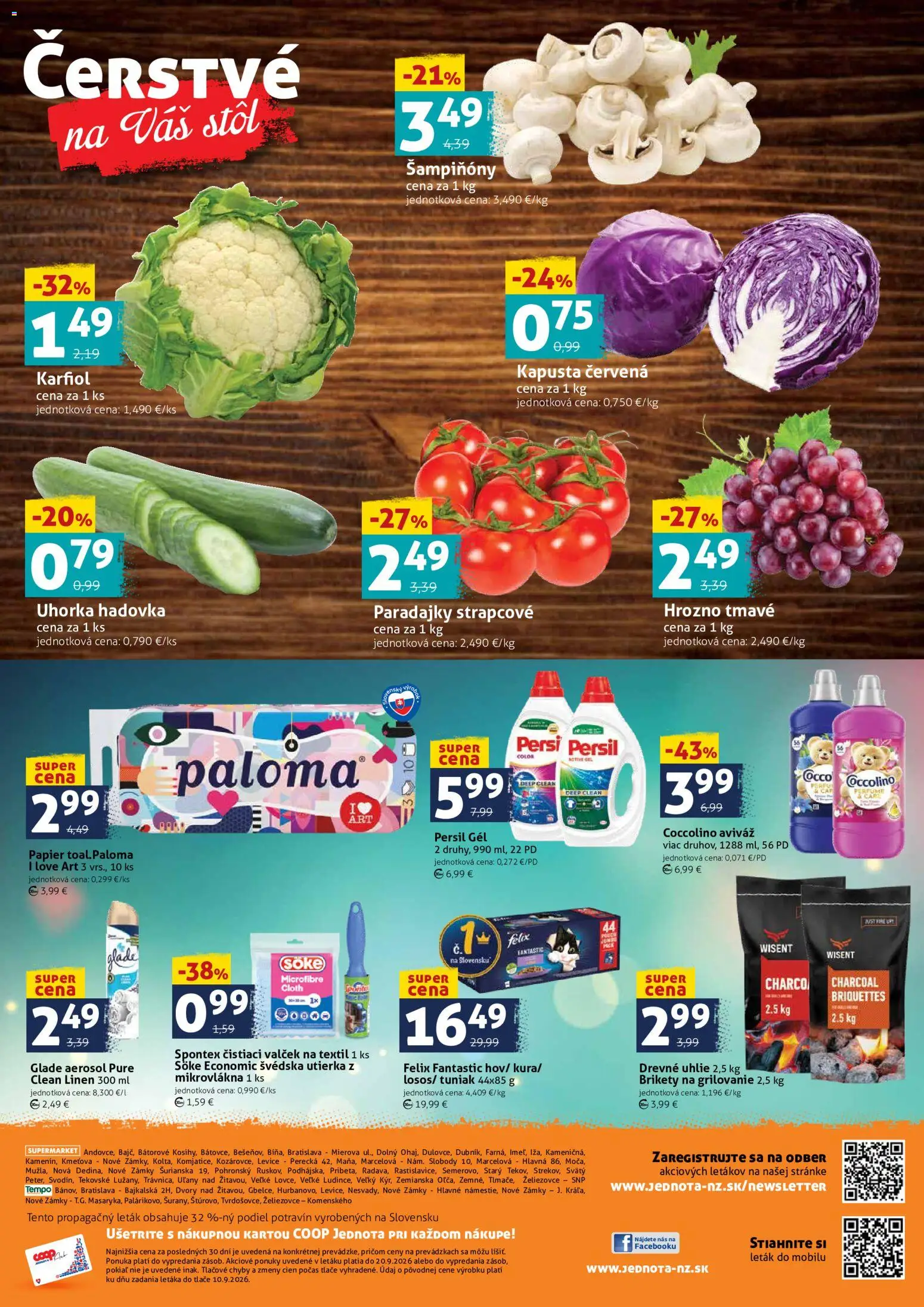 Nové COOP Jednota akcie – leták je platný od 18.09.2026 | Strana: 4 | Produkty: Stôl, Paradajky, Šampiňóny, Hrozno
