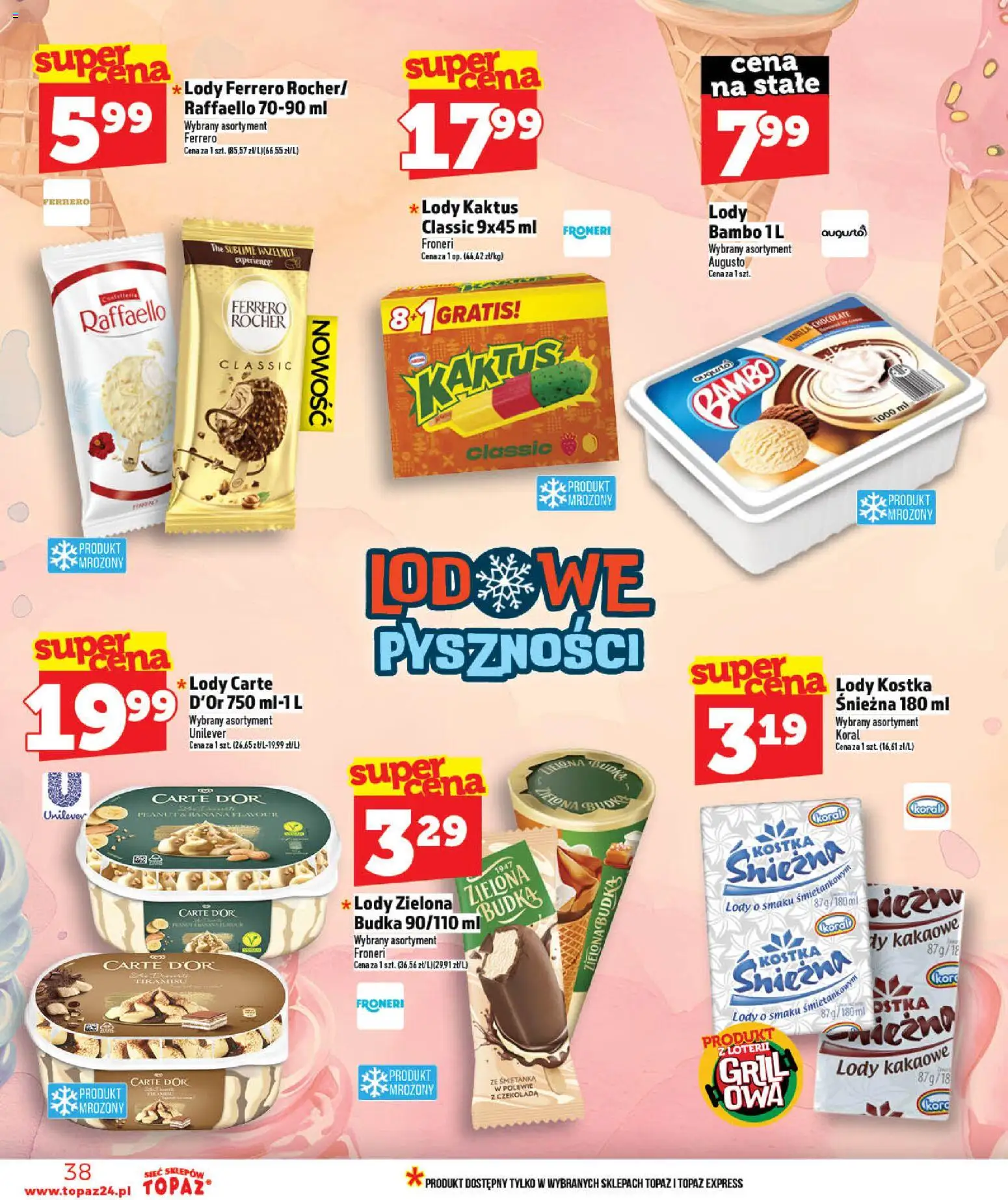 Topaz gazetka - MAZ od 21.05.2026 | Strona: 38 | Produkty: Tiramisu, Czekolada, Lody Kaktus, Lody