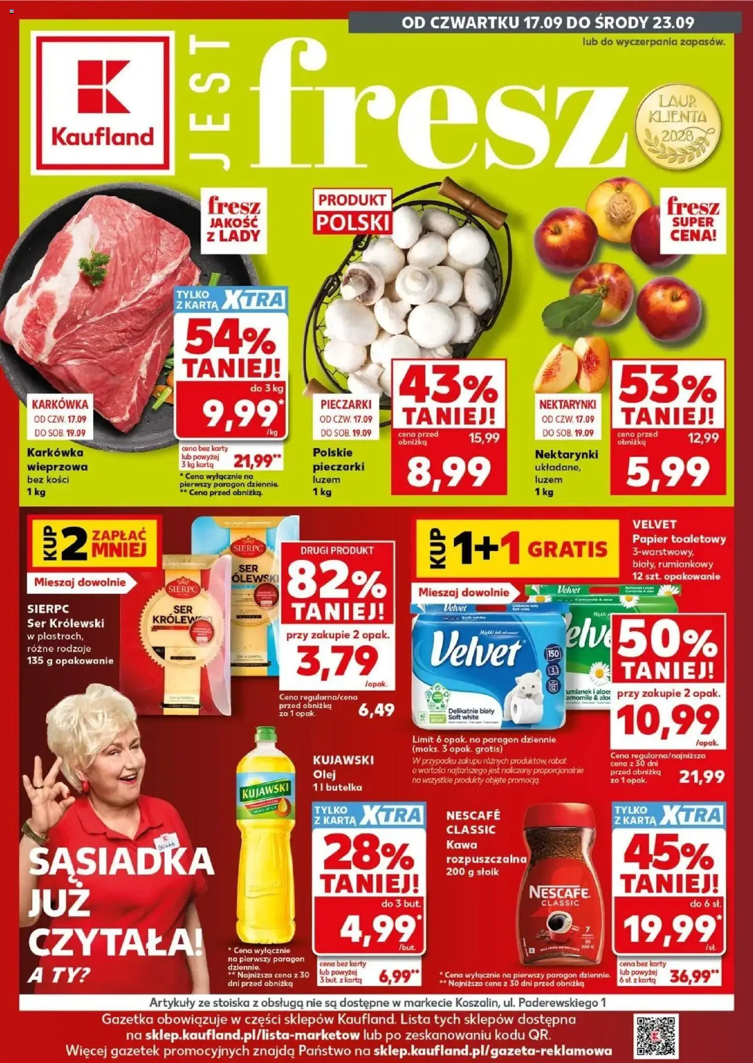 Kaufland gazetka od 17.09.2026 - od jutra PDF | Strona: 1 | Produkty: Karta, Pieczarki, Olej kujawski, Kawa