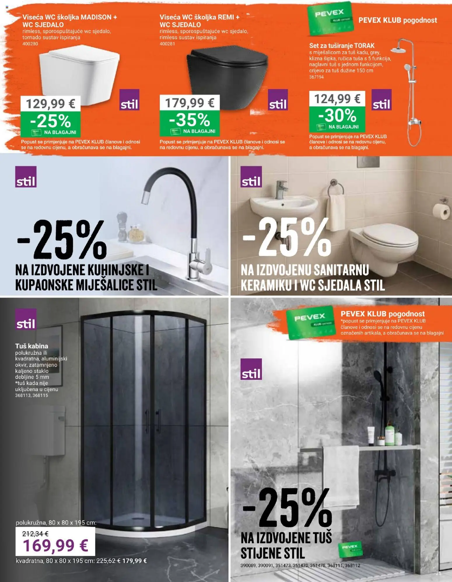 Pevex katalog | vrijedi od 23.07.2026 | Stranica: 25 | Proizvodi: Tuš, Tuš kabina, Wc školjka, Wc sjedalo
