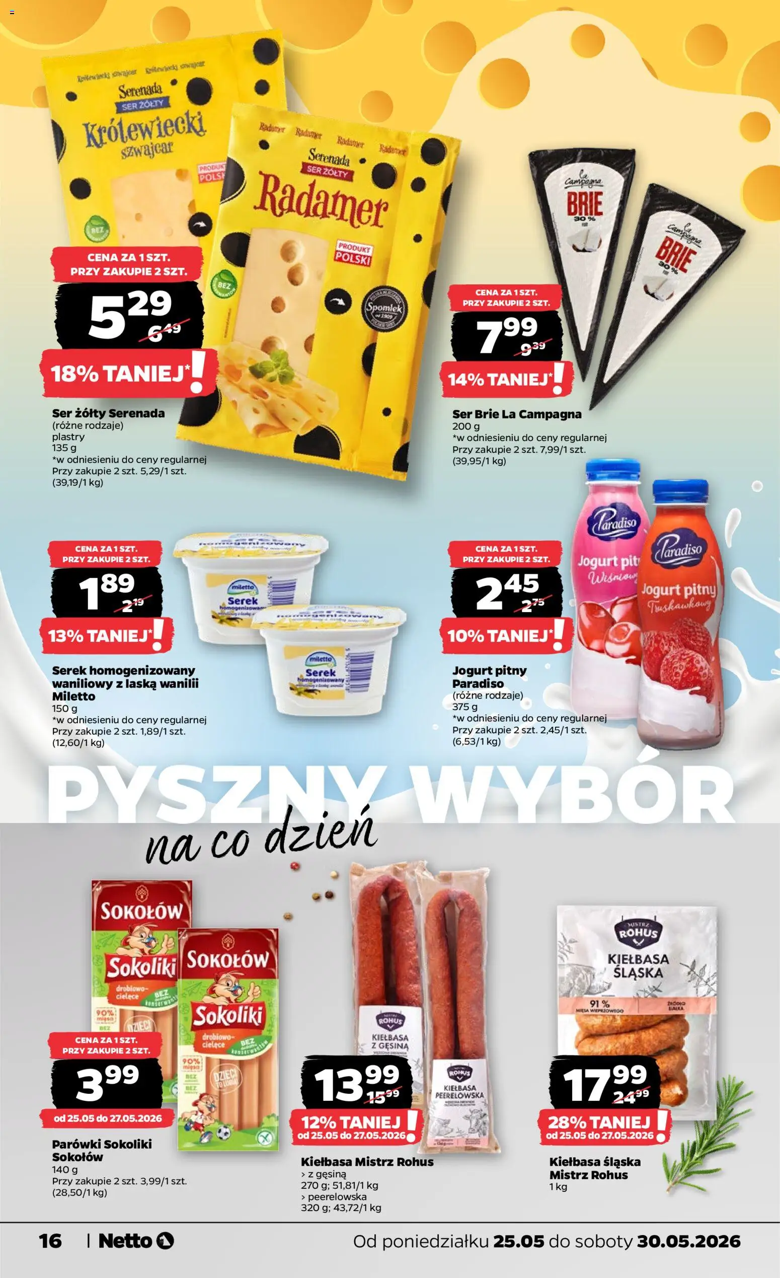 Netto gazetka od poniedziałku spożywcza od 25.05.2026 | Strona: 16 | Produkty: Kiełbasa, Jogurt pitny, Parówki, Ser
