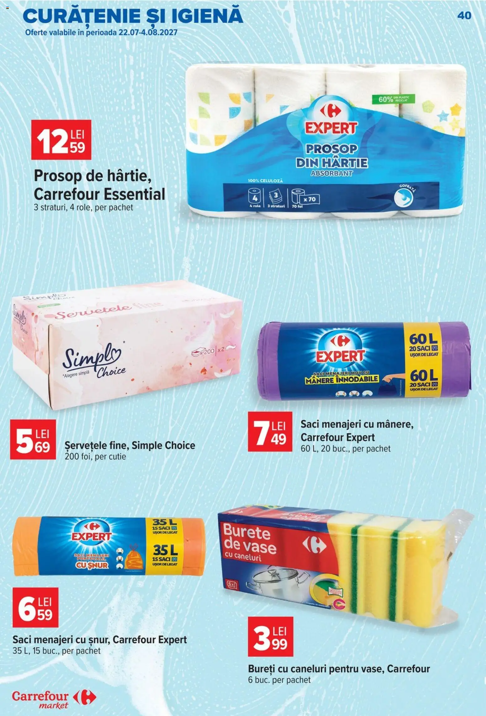 Noul catalog Carrefour – valabil de la 22.07.2026 | Pagină: 40 | Produse: Saci menajeri, Role, Cutie, Burete