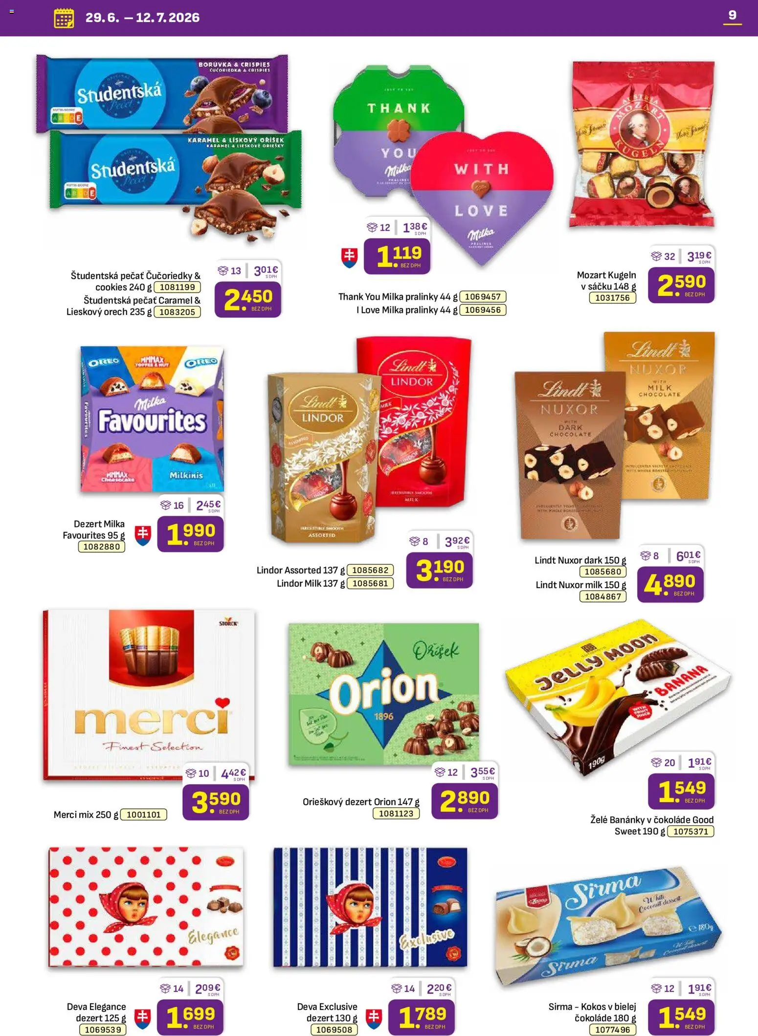 Nové Libex akcie – leták je platný od 29.06.2026 | Strana: 9 | Produkty: Lindor, Merci, Študentská pečať, Milka