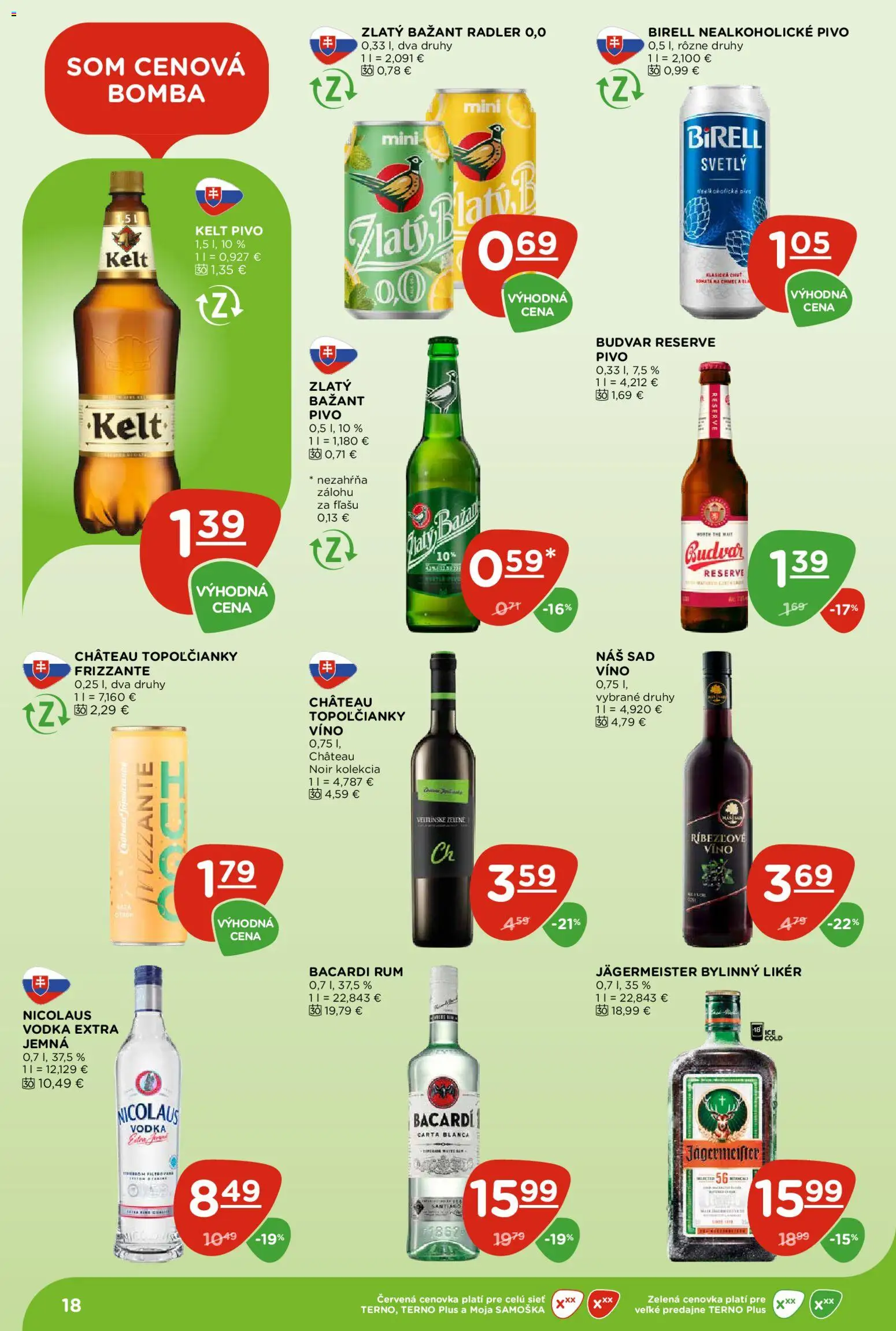 Nové Terno akcie – leták je platný od 30.07.2026 | Strana: 18 | Produkty: Víno, Ríbezľové víno, Budvar, Bylinný likér