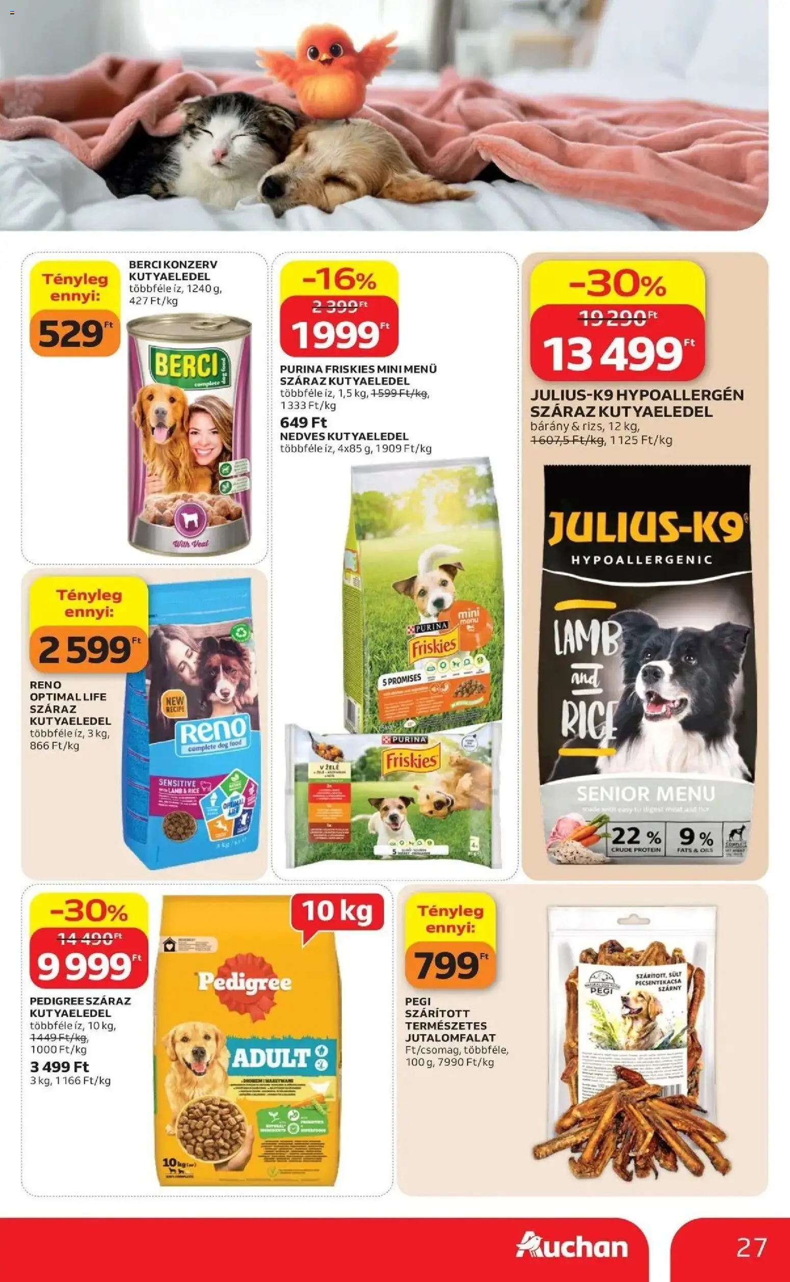 Auchan akciós ujság - amely érvényes a következő dátumtól: 2026.07.16. | Oldal: 27 | Termékek: Kutyaeledel, Protein