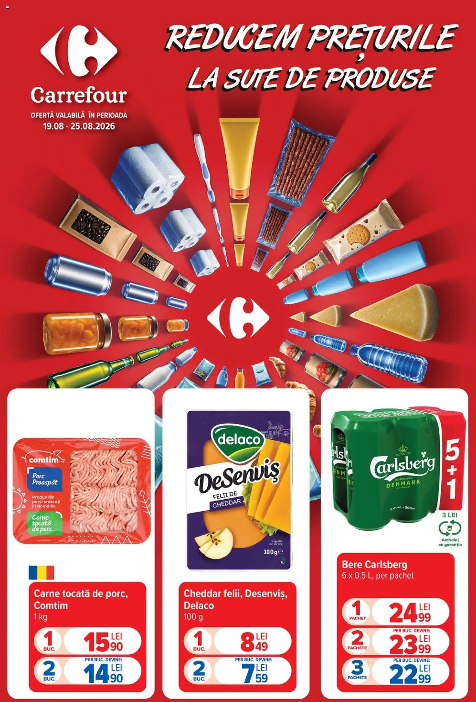 Noul catalog Carrefour – valabil de la 19.08.2026 | Pagină: 1 | Produse: Delaco, Bere, Carne tocată