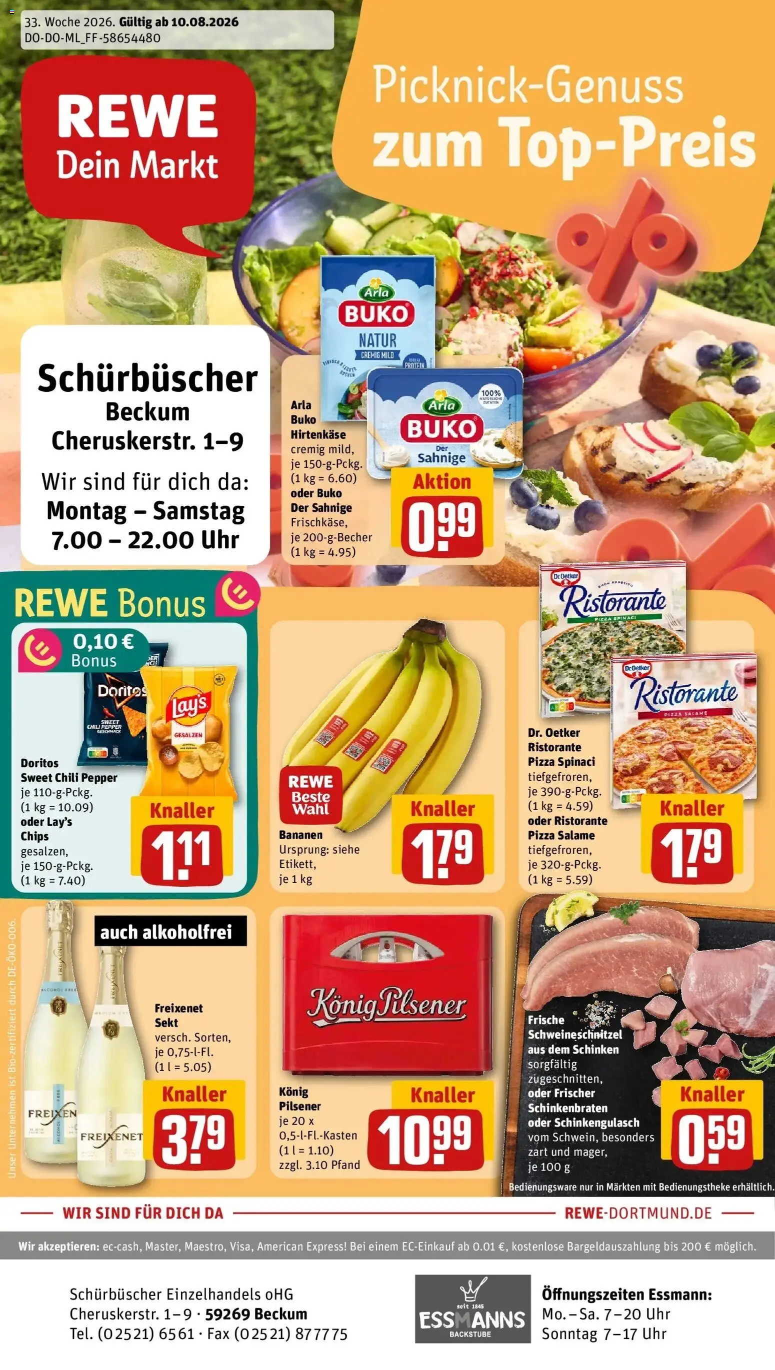 REWE Prospekt ab 10.08.2026 zum Blättern » Angebote | Seite: 1 | Produkte: Arla buko, Chili, Schinken, Pizza