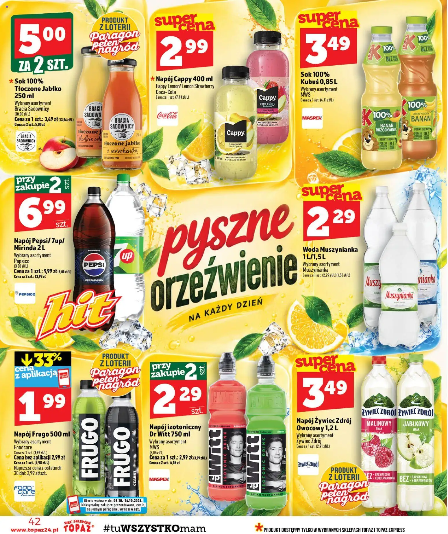 Topaz gazetka - MAZ od 08.10.2026 | Strona: 42 | Produkty: Kubuś, Woda Muszynianka, Cytryny, Marchewka