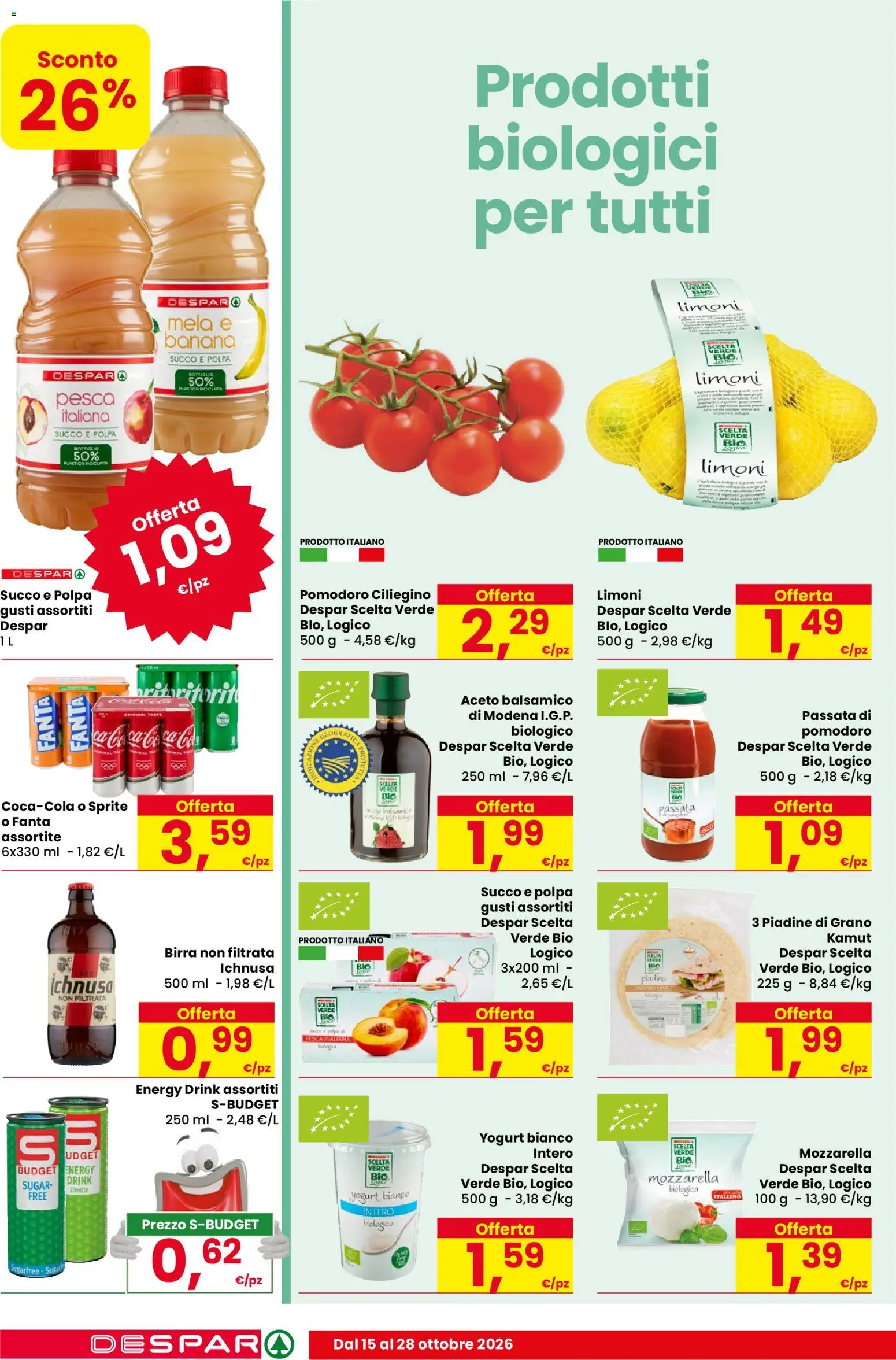 Volantino Despar del 15/10/2026 | Pagina: 10 | Prodotti: Succo, Birra, Pomodoro, Pesca