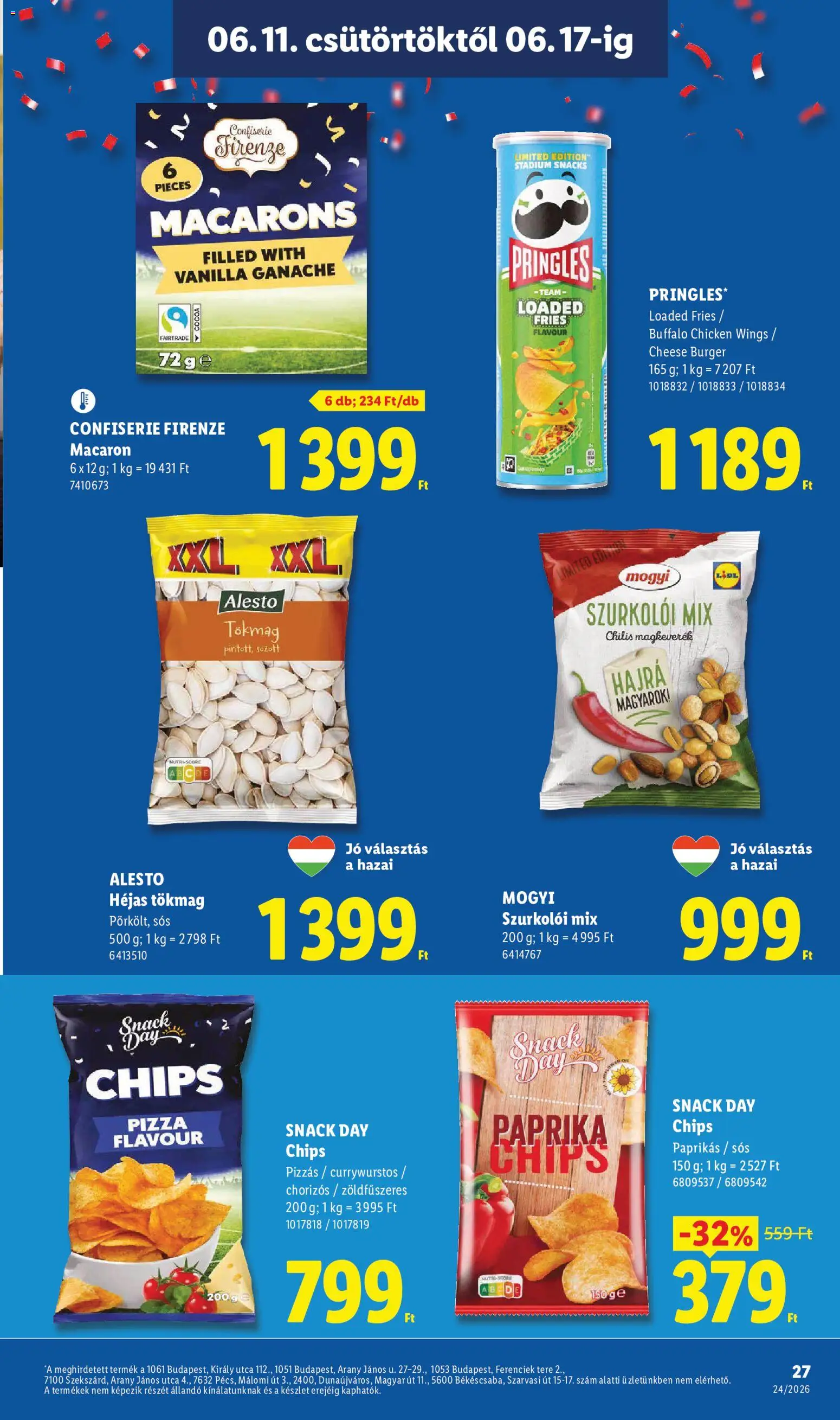Lidl akciós ujság - amely érvényes a következő dátumtól: 11.06.2026 | Oldal: 27 | Termékek: Tökmag, Chips, Pringles, Pizza