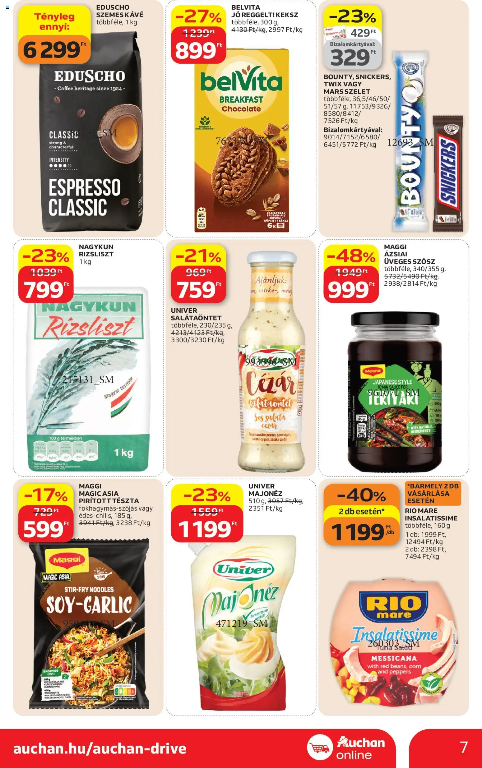 Auchan akciós ujság - amely érvényes a következő dátumtól: 16.04.2026 | Oldal: 7 | Termékek: Snickers, Tészta, Saláta, Szósz