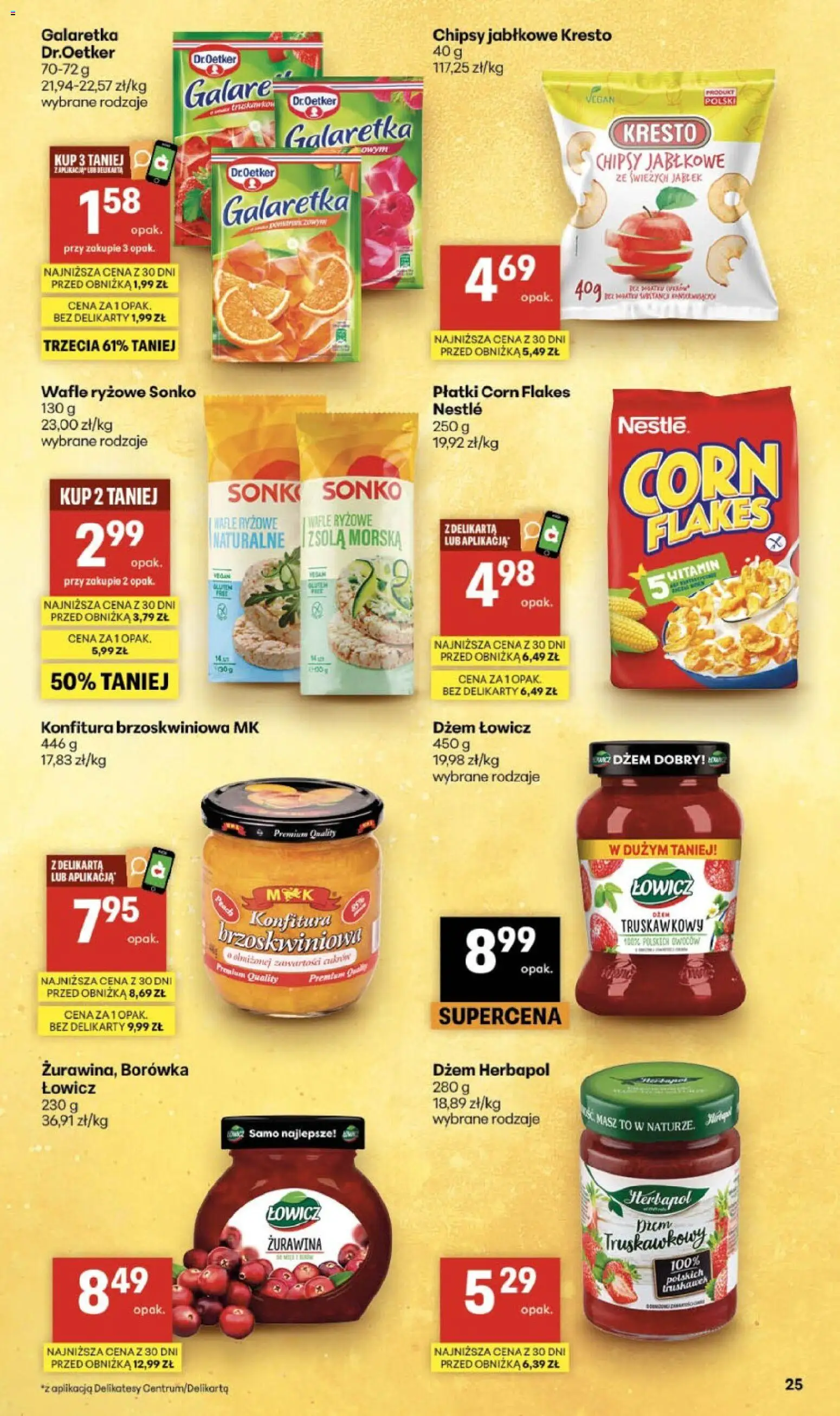 Delikatesy Centrum gazetka od 23.07.2026 | Strona: 25 | Produkty: Galaretka, Chipsy jabłkowe, Płatki, Corn Flakes