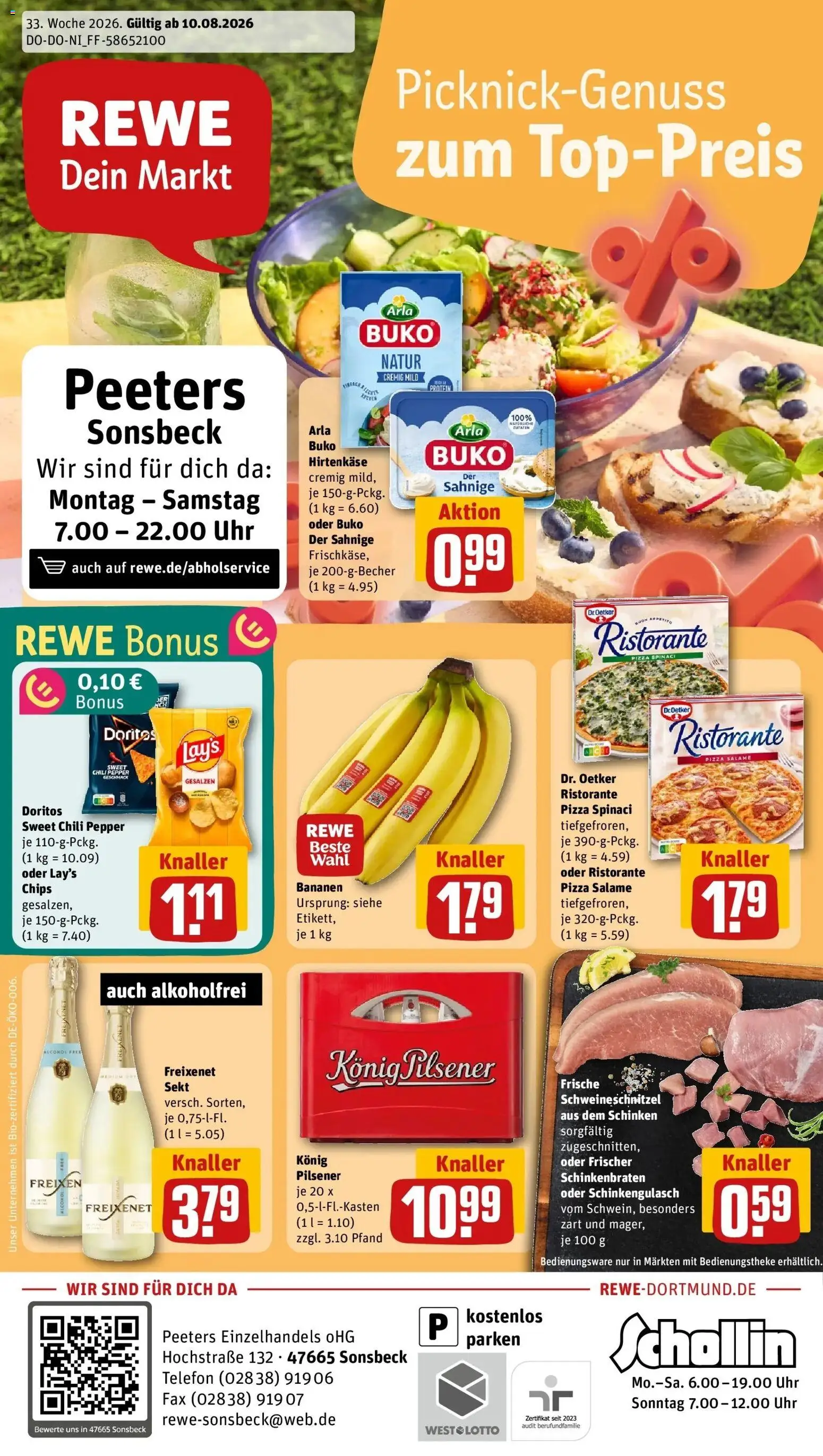 Rewe Prospekt Sonsbeck – gültig ab 10.08.2026 | Seite: 1 | Produkte: Chili, Chips, Telefon, Uhr