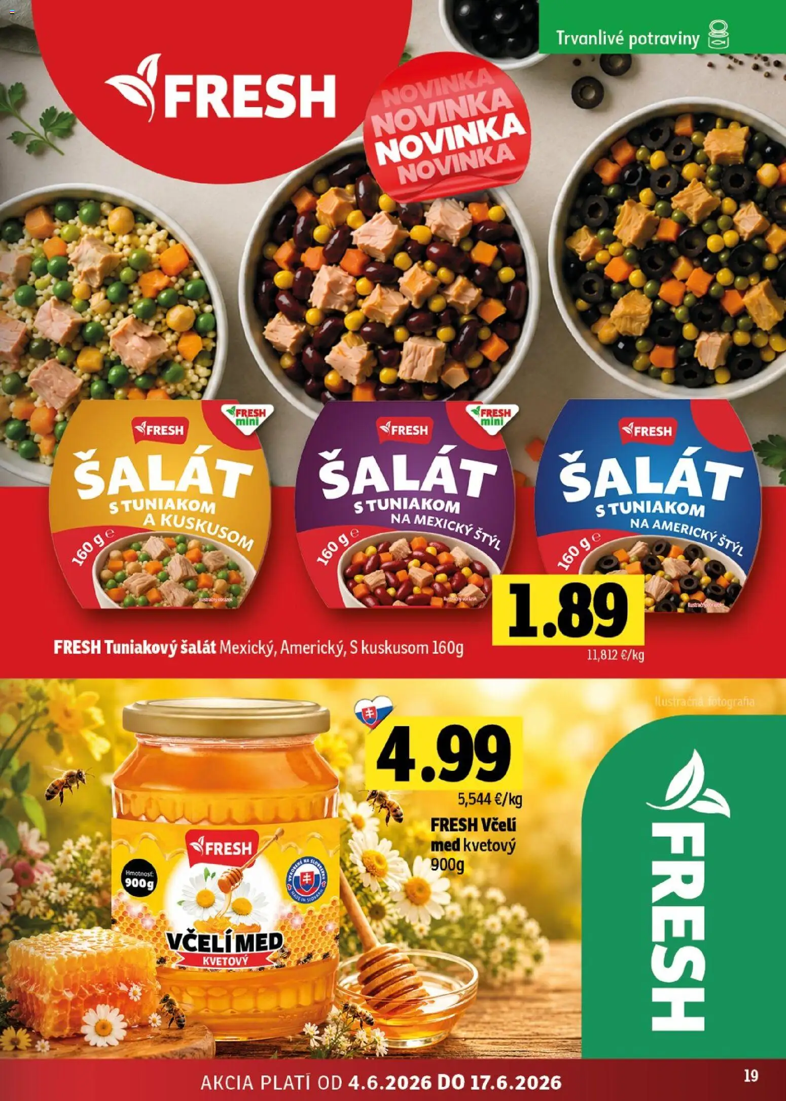 Nové Fresh akcie – leták je platný od 04.06.2026 | Strana: 19 | Produkty: Šalát, Med
