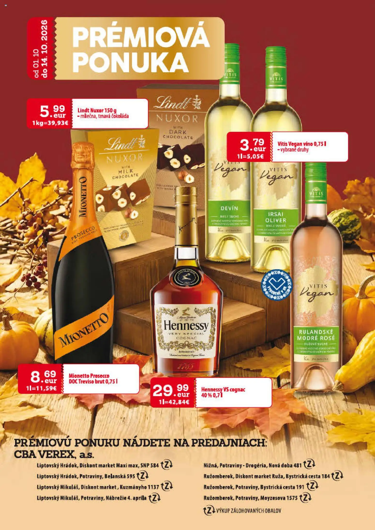 Nové CBA Verex akcie – leták je platný od 01.10.2026 | Strana: 29 | Produkty: Prosecco, Lindt, Čokoláda, Mionetto Prosecco
