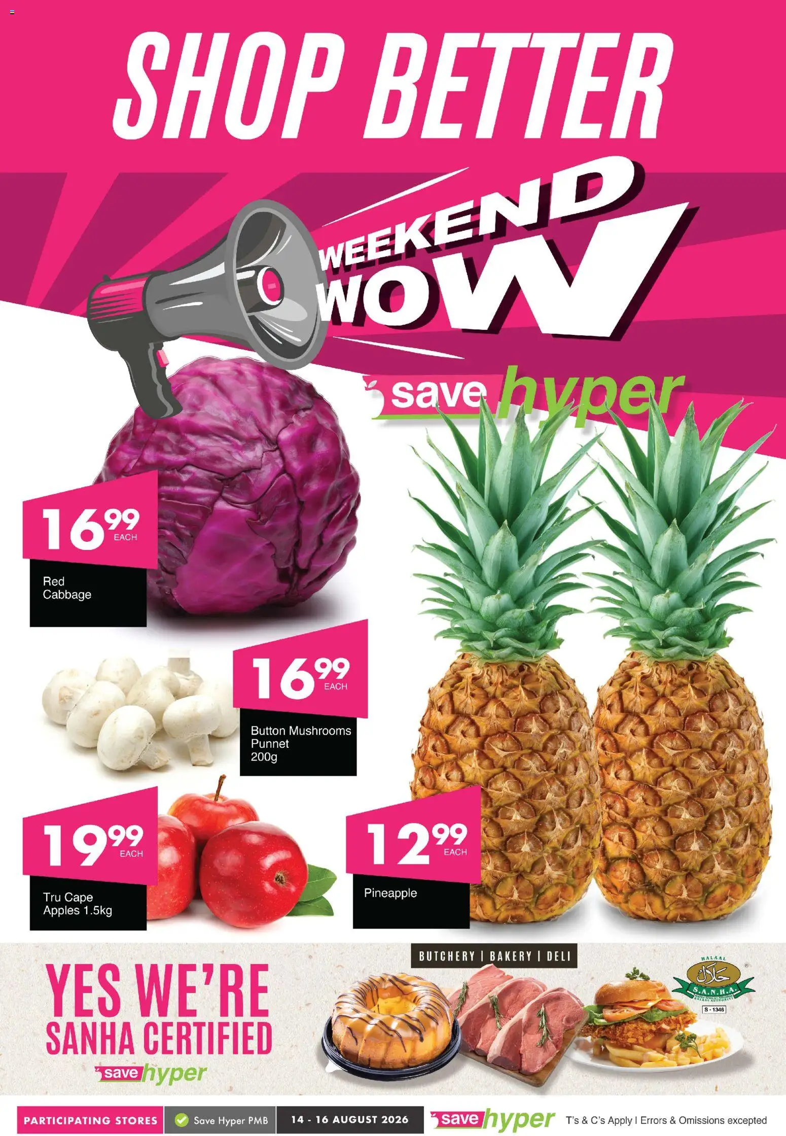 New Save catalogue – valid from 14/08/2026 | Page: 1 | Products: Mushrooms, Bakery, Apples, Pineapple