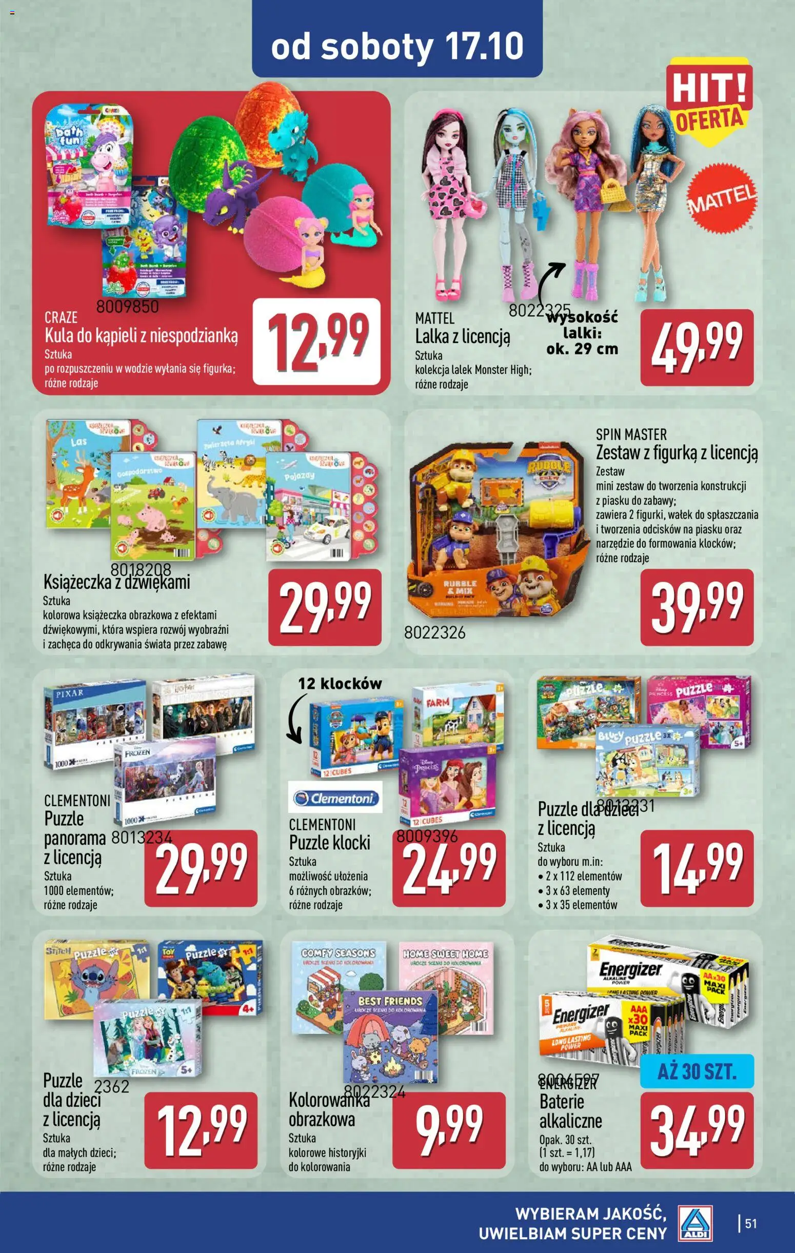Aldi gazetka od 12.10.2026 | Strona: 51 | Produkty: Kula do kąpieli, Puzzle, Baterie, Lalka