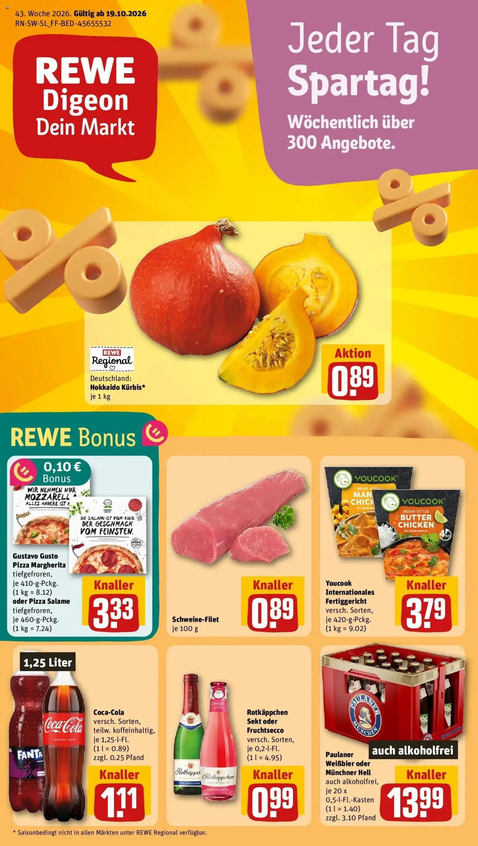 REWE Prospekt ab 19.10.2026 zum Blättern » Angebote | Seite: 1 | Produkte: Fanta, Schweinefilet, Rotkäppchen, Pizza