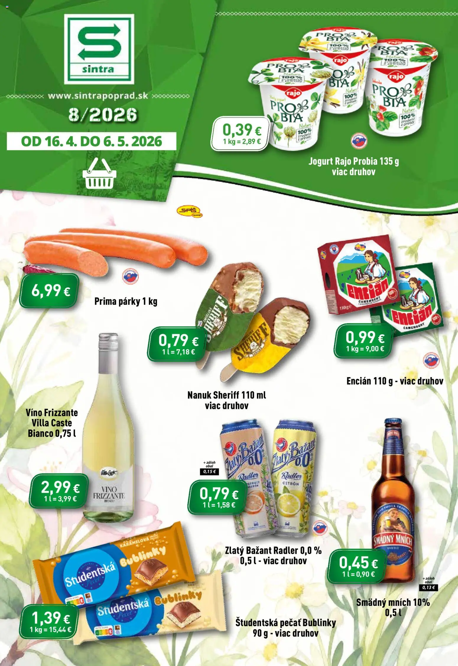 Nové Sintra akcie – leták je platný od 16.04.2026 | Strana: 1 | Produkty: Radler, Nanuk, Encián, Párky