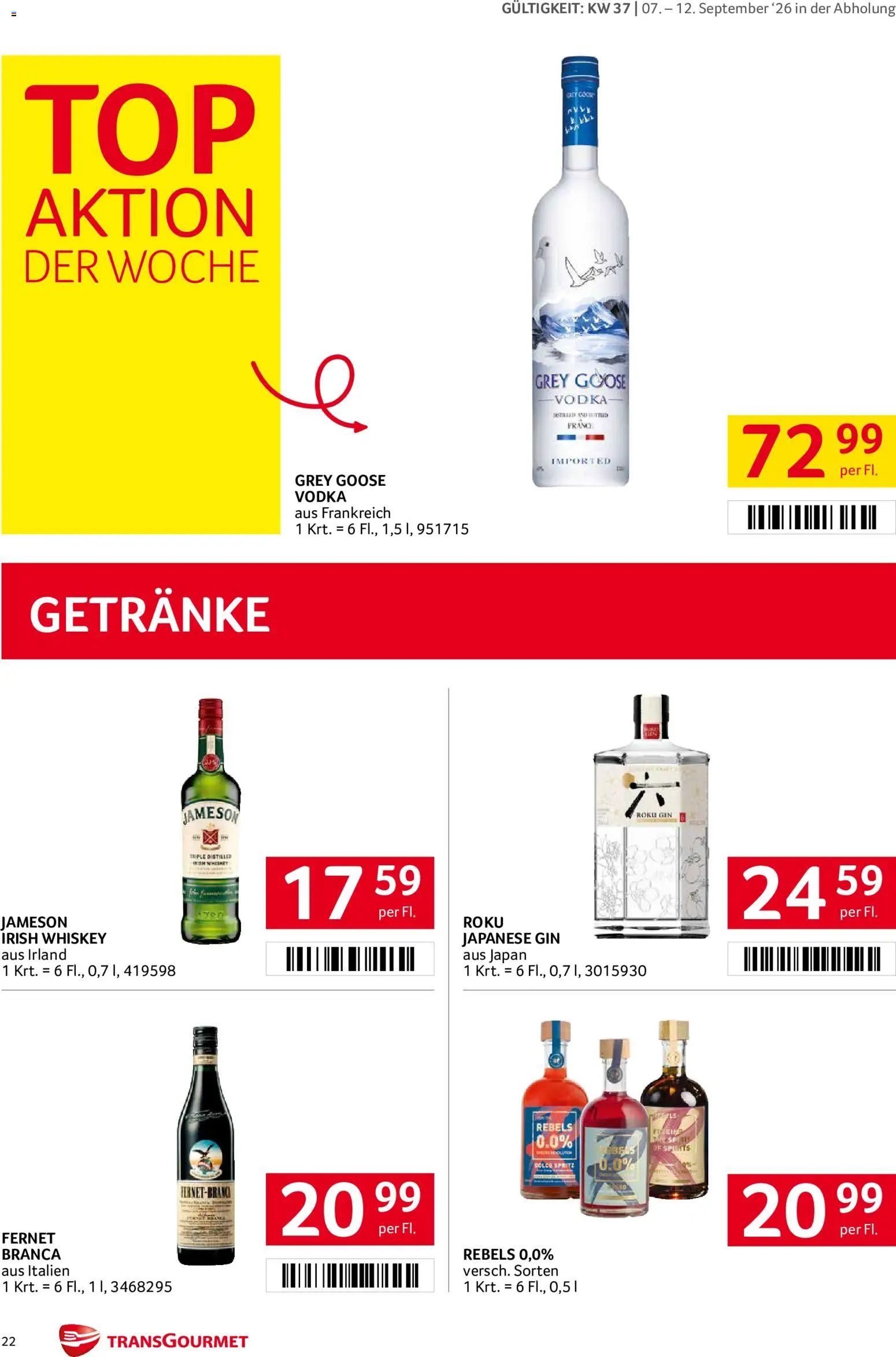 Transgourmet Flugblatt gültig ab 07.09.2026 | Seite: 22 | Produkte: Gin, Whiskey, Getränke
