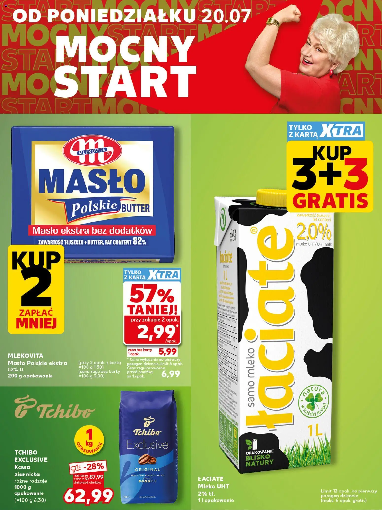 Kaufland Polsko leták - Mocny start od 20.07.2026 | Strana: 2 | Produkty: Mléko, Máslo, Tchibo, Karty