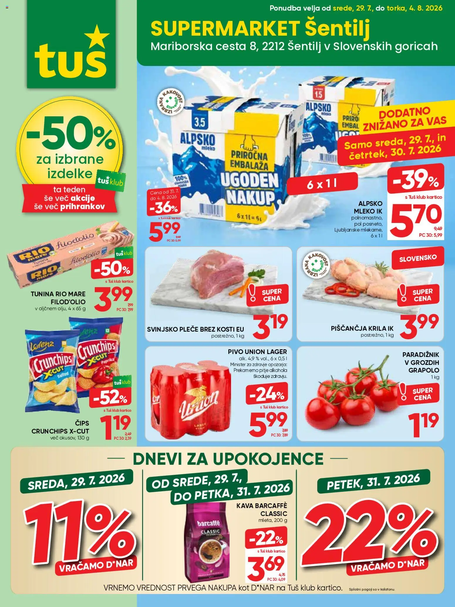Novi Tuš katalog ponudbe – veljaven od 29.07.2026 | Stran: 13 | Izdelki: Piščančja krila, Mleko, Pivo, Paradiznik
