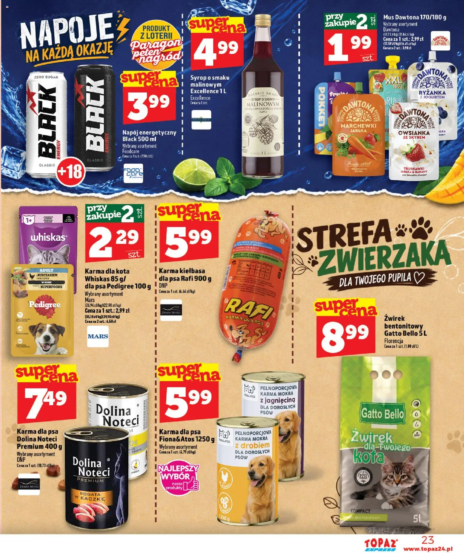 Topaz gazetka - Express od 17.09.2026 | Strona: 23 | Produkty: Owsianka, Napój energetyczny, Karma mokra, Karma