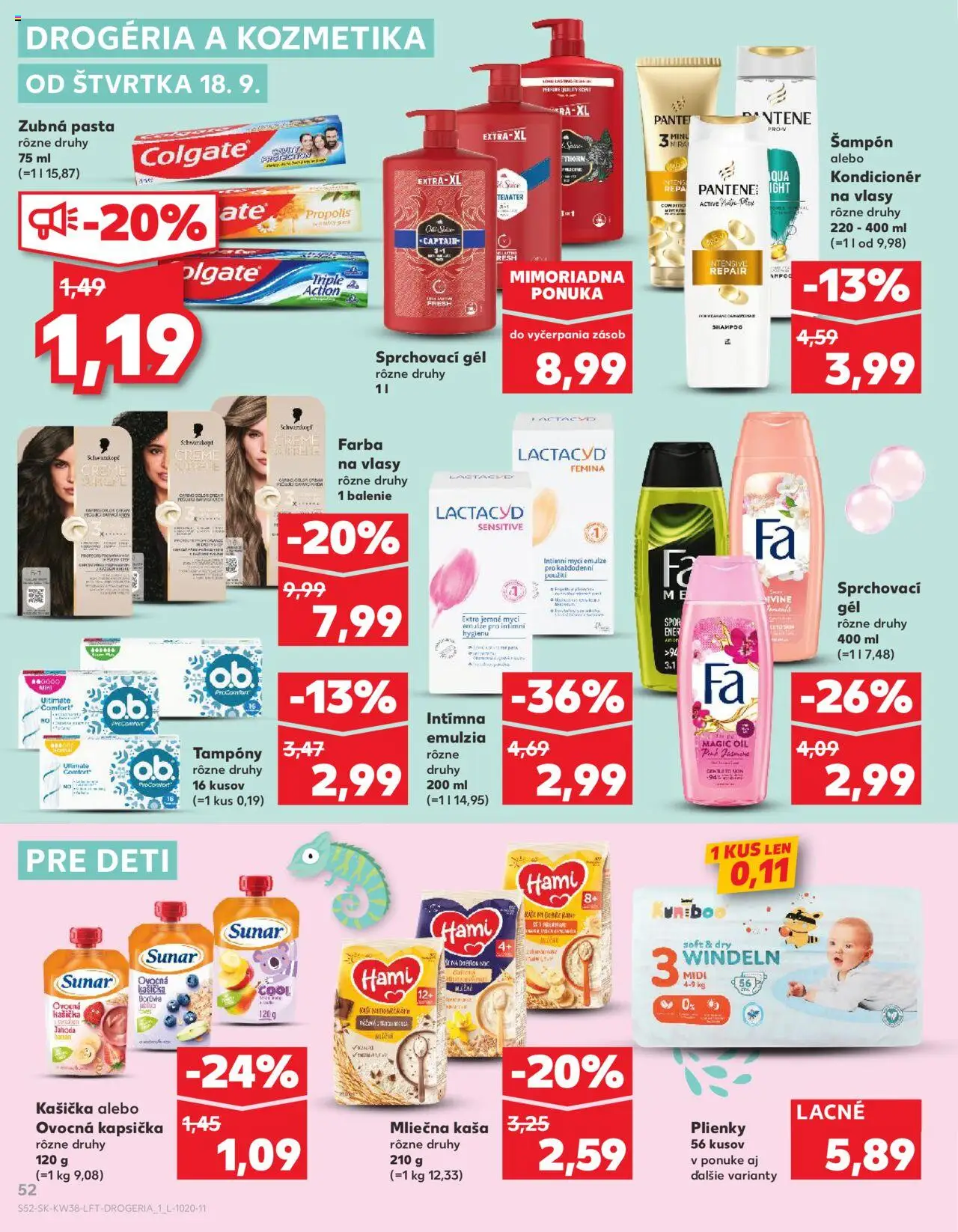 Nové Kaufland akcie – leták je platný od 18.09.2025 | Strana: 52 | Produkty: Šampón, Farba na vlasy, Zubná pasta, Plienky