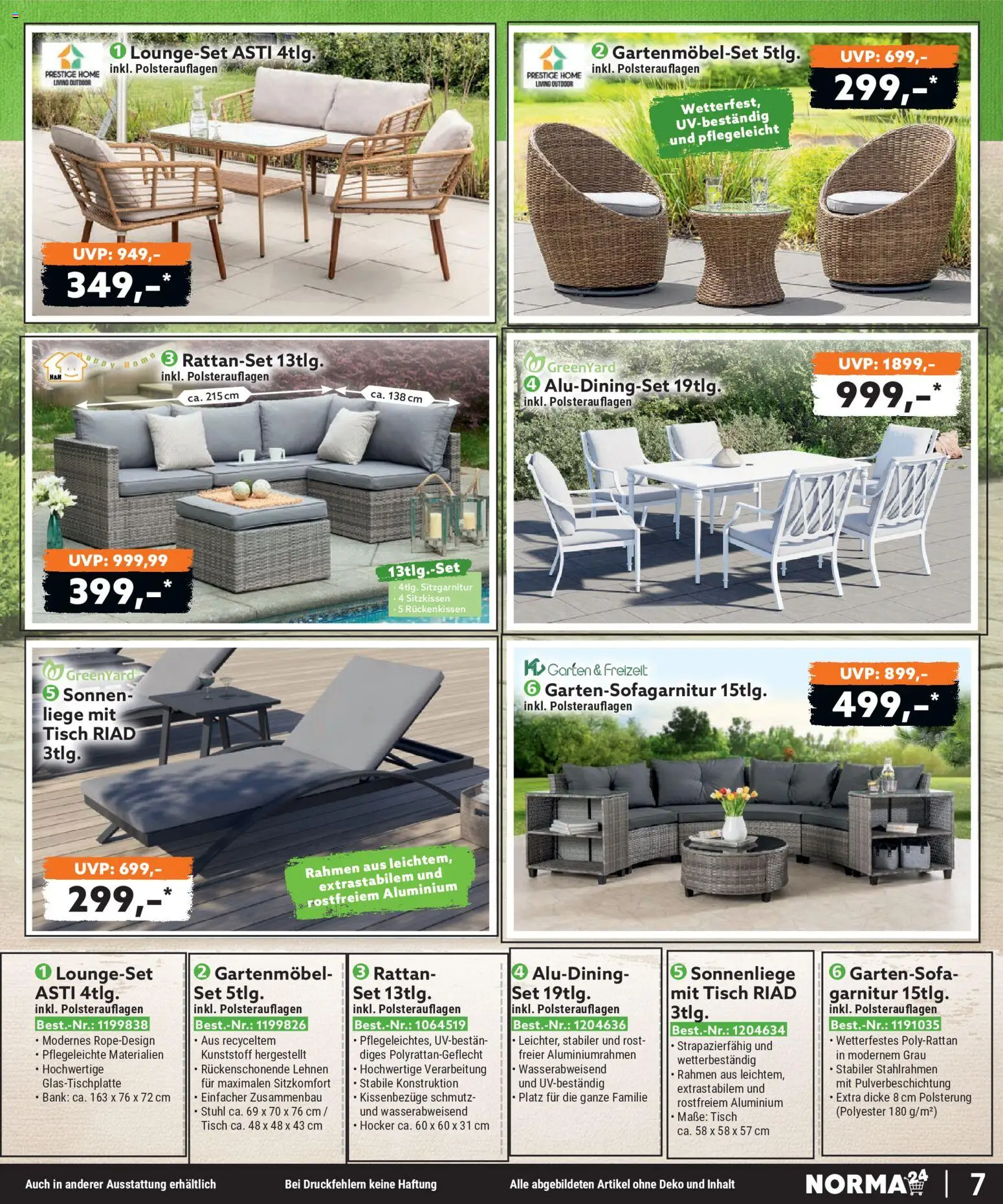 Norma Bestellmagazin Juli 2026 – gültig ab 01.07.2026 | Seite: 7 | Produkte: Tisch, Liege, Stuhl, Gartenmöbel