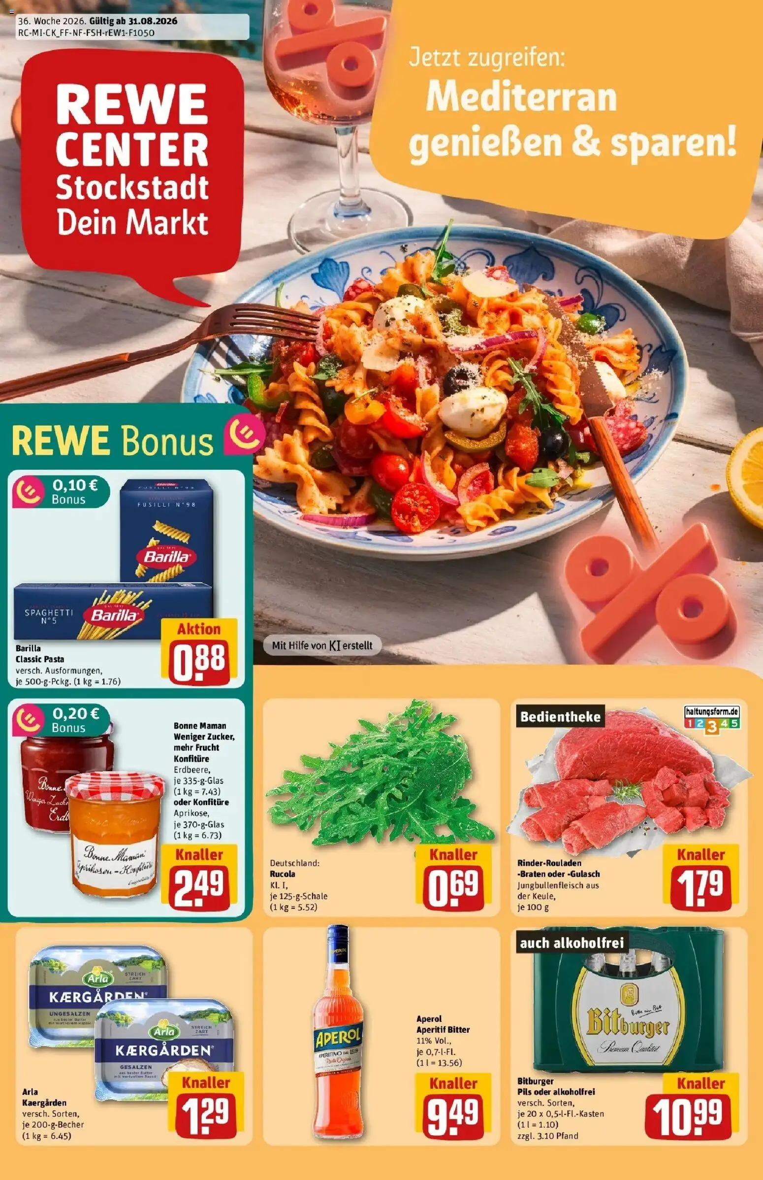 REWE Prospekt ab 31.08.2026 zum Blättern » Angebote | Seite: 1 | Produkte: Rinderrouladen, Bitburger, Rucola, Pasta