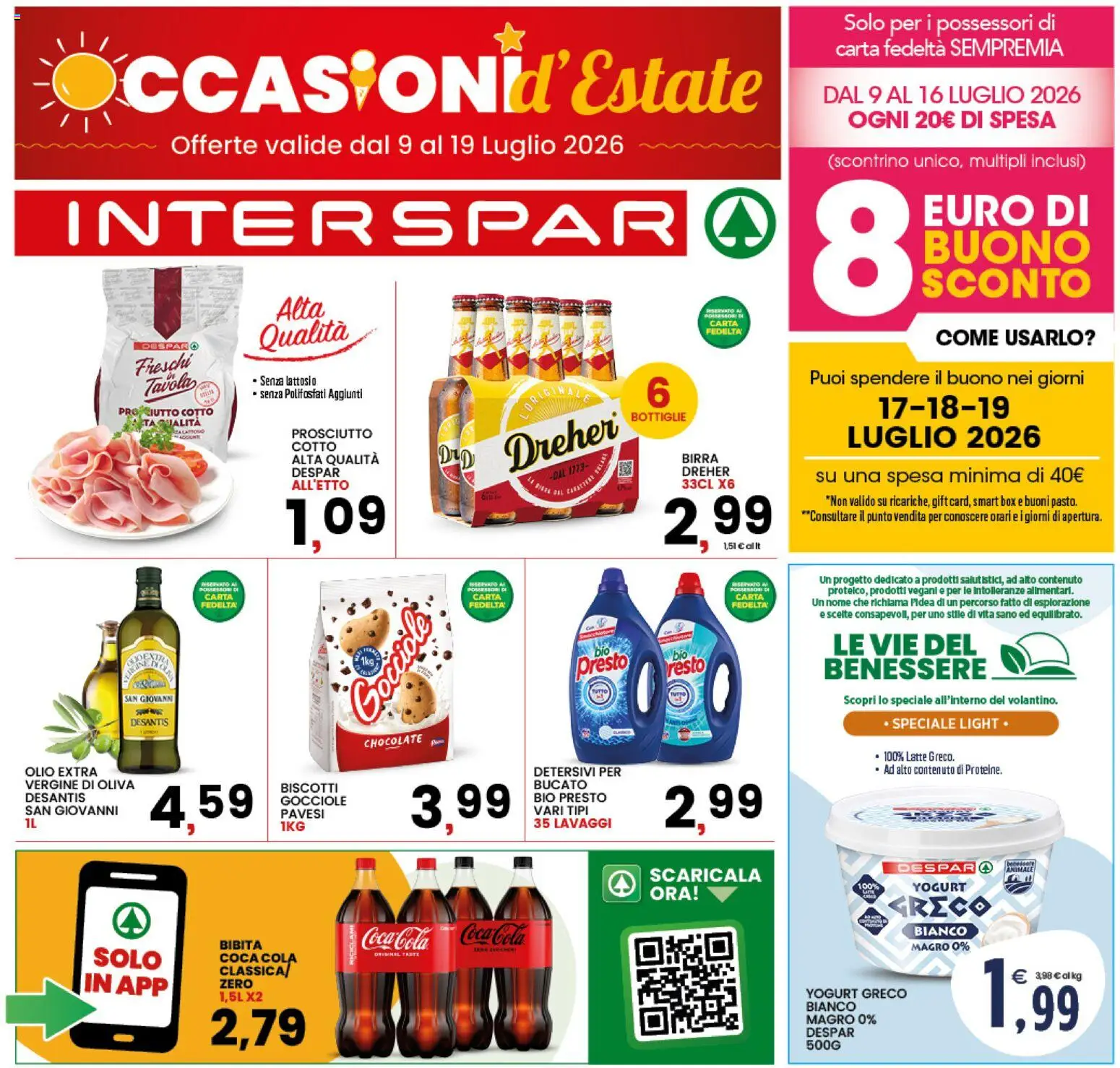 Volantino Interspar del 09/07/2026 | Pagina: 1 | Prodotti: Prosciutto Cotto, Yogurt, Latte, Bibita