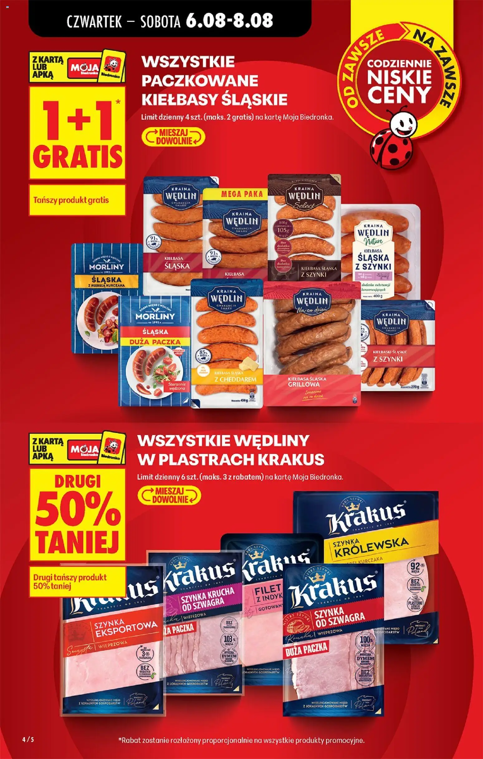 Biedronka gazetka od czwartku od 06.08.2026 | Strona: 4 | Produkty: Kiełbasa, Karta, Szynka wieprzowa, Szynka