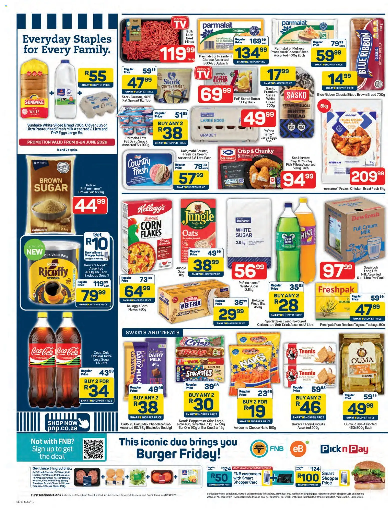 New Pick n Pay catalogue – valid from 08.06.2026 | Page: 2 | Products: Milk, Oats, Eggs, Fat spread