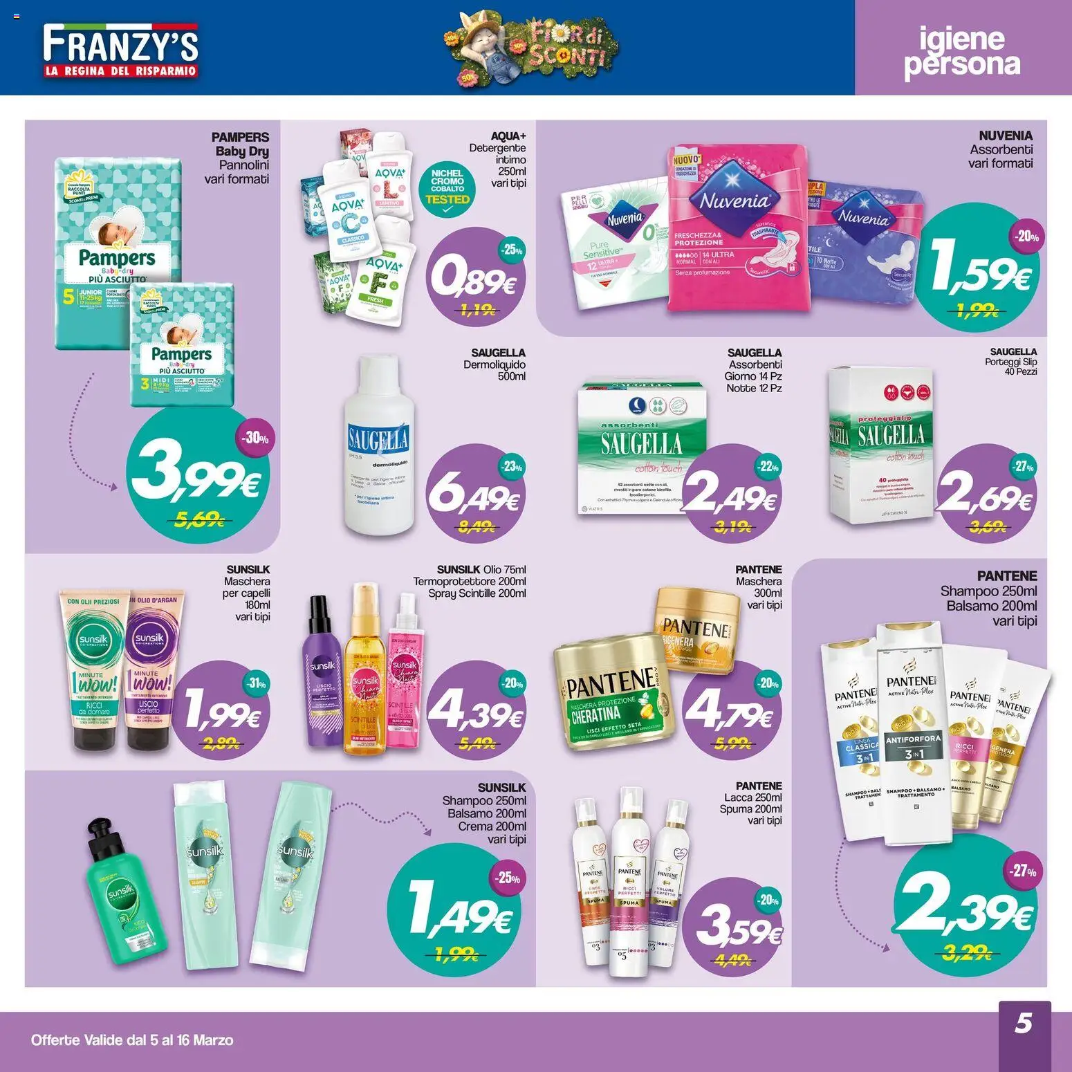 Volantino Franzy's del 05.03.2026 | Pagina: 5 | Prodotti: Shampoo, Crema, Detergente, Pampers