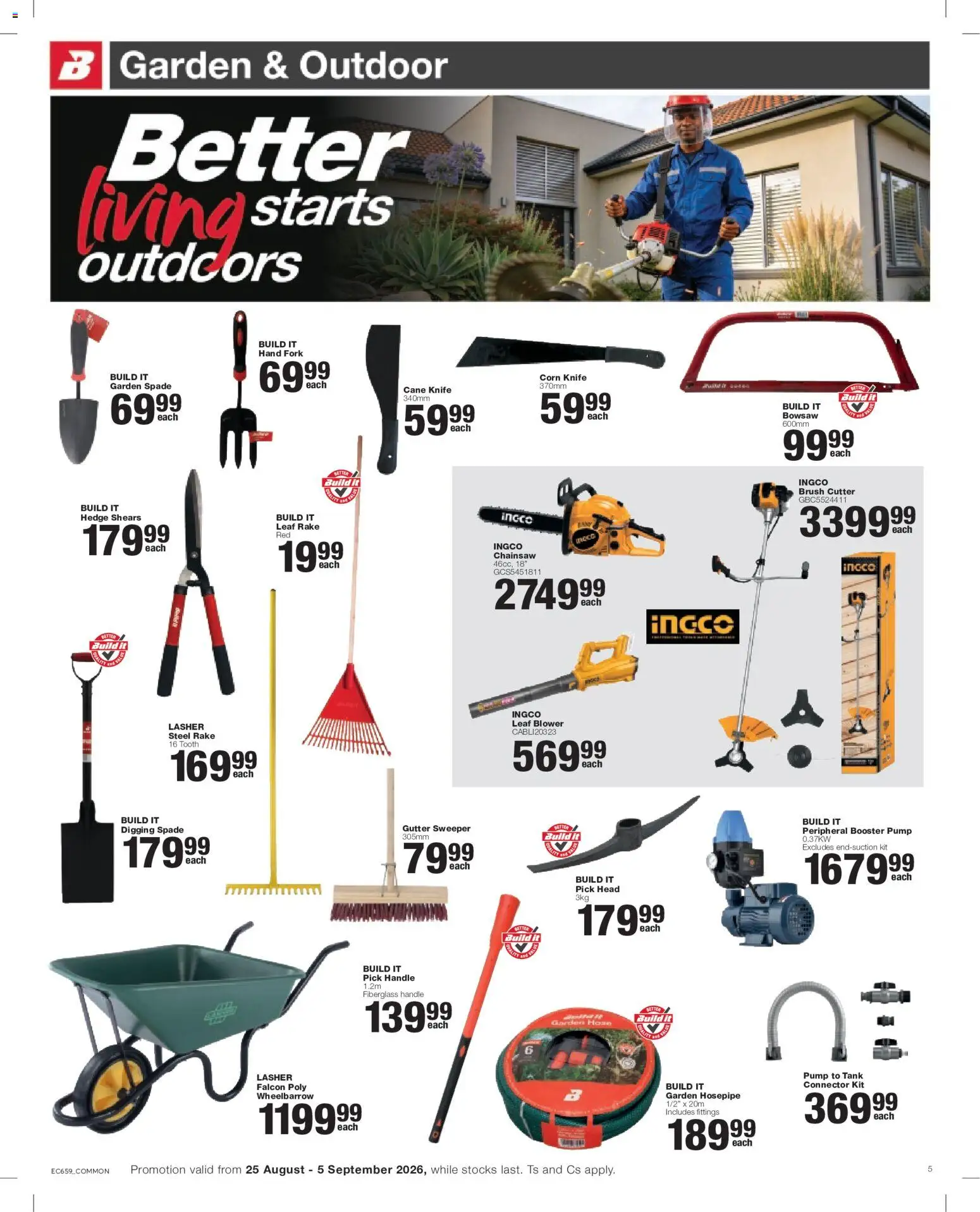 New Build It catalogue – valid from 25/08/2026 | Page: 5 | Products: Tank, Wheelbarrow, Garden hose, Bowsaw