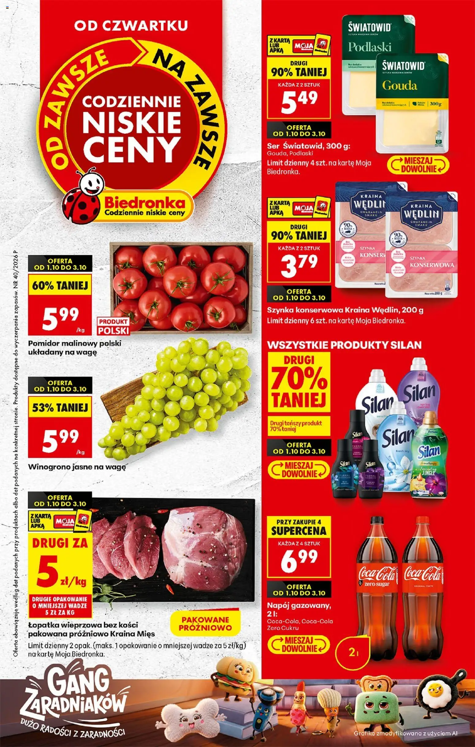 Biedronka Polsko leták - Codziennie niskie ceny od 01.10.2026 | Strana: 1 | Produkty: Gouda, Coca cola, Silan, Lopatka